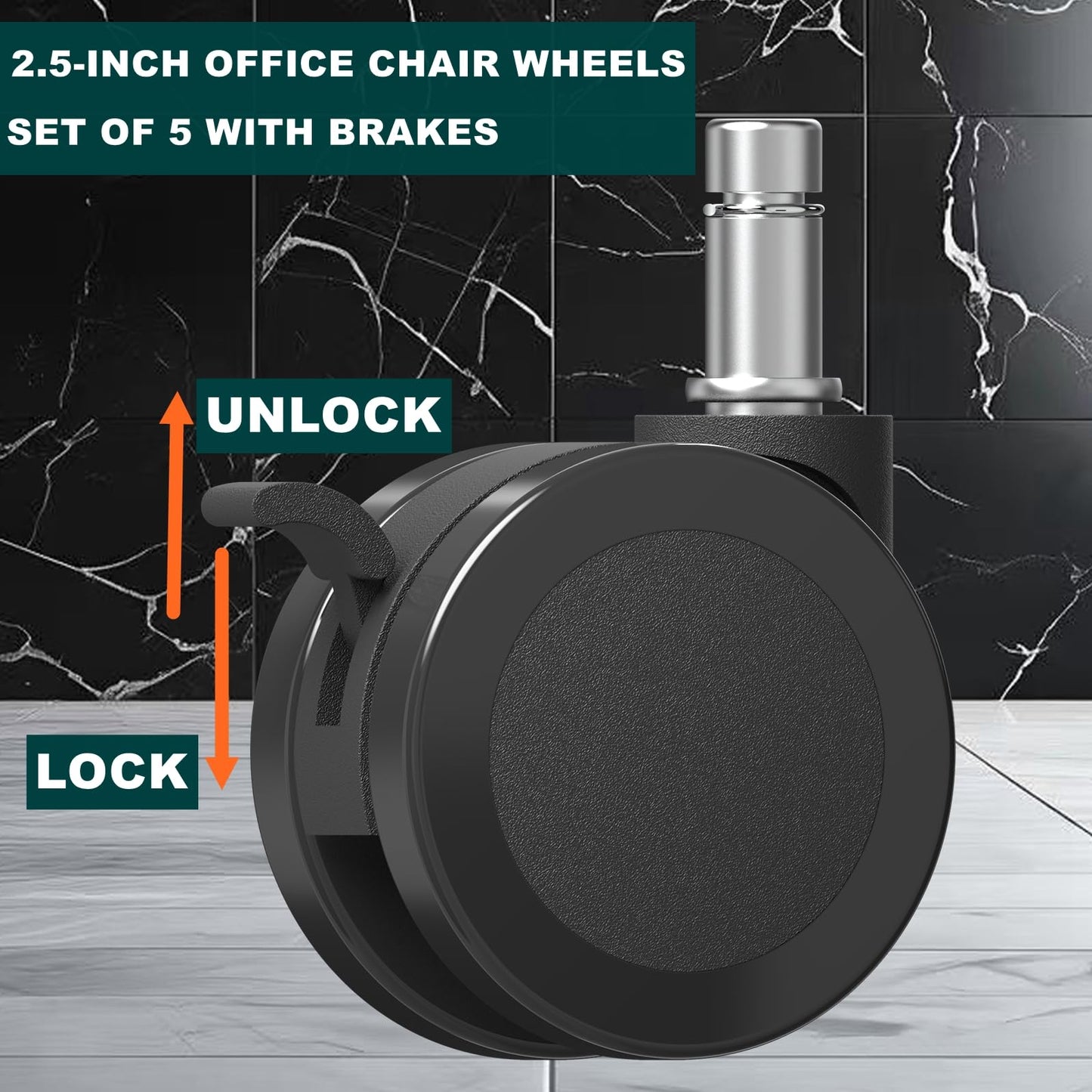 Office Chair Caster Wheels Replacement with Brake, 2.36"(60mm) Casters Replacement for Office Chair or Stool Wheel, Universal Size 11x22mm for Carpet and Hardwood Floors with Brake(Set of 5)