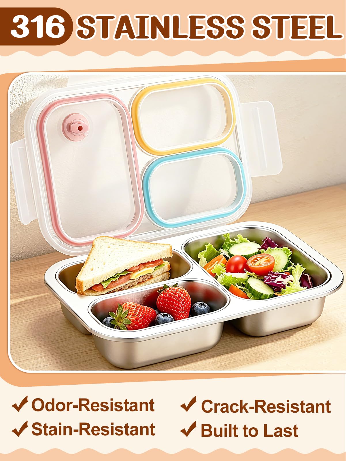 Alphatool 24oz 316 Stainless Steel Lunch Box for Kids & Adults - 3-Compartment Leakproof Metal Bento Box for School Office, Dishwasher Safe