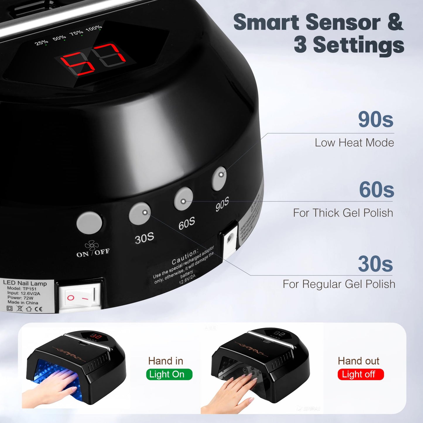 HoMove UV LED Nail Lamp Professional, 72W Cordless Nails Lamp with Fan, LED Light for Gel Nails, Nail Dryer with 45 Beads, Perfect for Salon Manicure, Pedicure(Black)