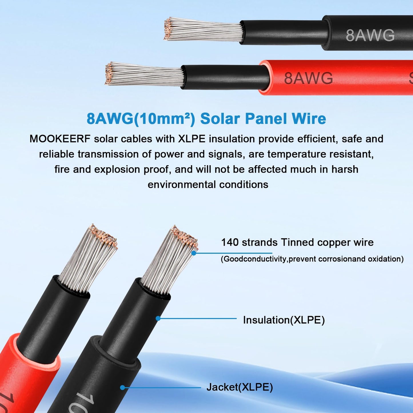 MOOKEERF Solar Pane Wire 8 AWG - Solar Extension Cable 150Ft Black & 150Ft Red 8 Gauge Tinned Copper PV Wire for Outdoor Automotive RV Solar Panel Boat Marine (Black+Red)