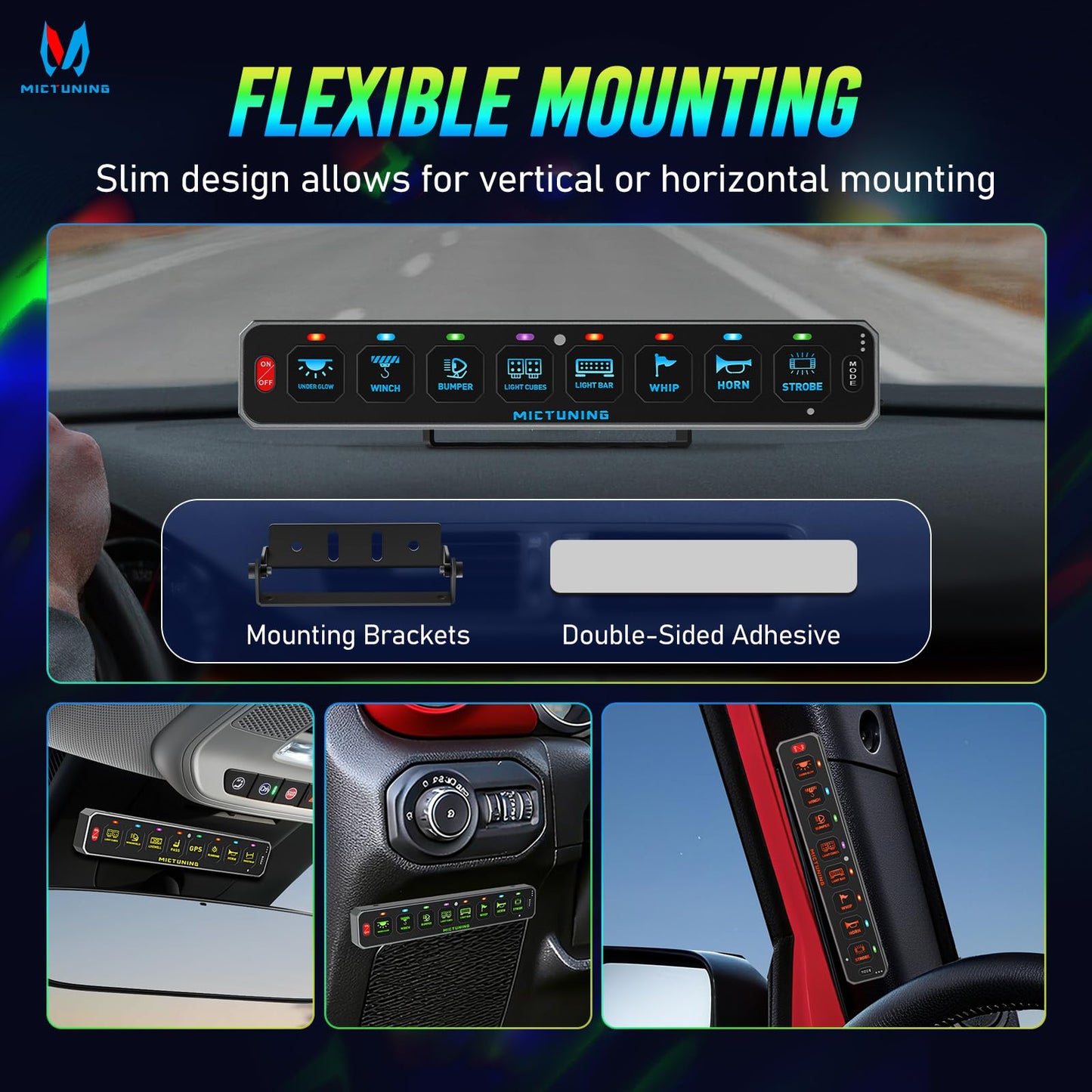 MICTUNING MS-W 8 Gang Slim Wireless Switch Panel, 208FT Range Multi-Panel Control, Toggle Momentary Strobe Pulsed Flash, RGB Dimmable Backlit, Circuit Relay System Box, No Drilling for Car RV UTV