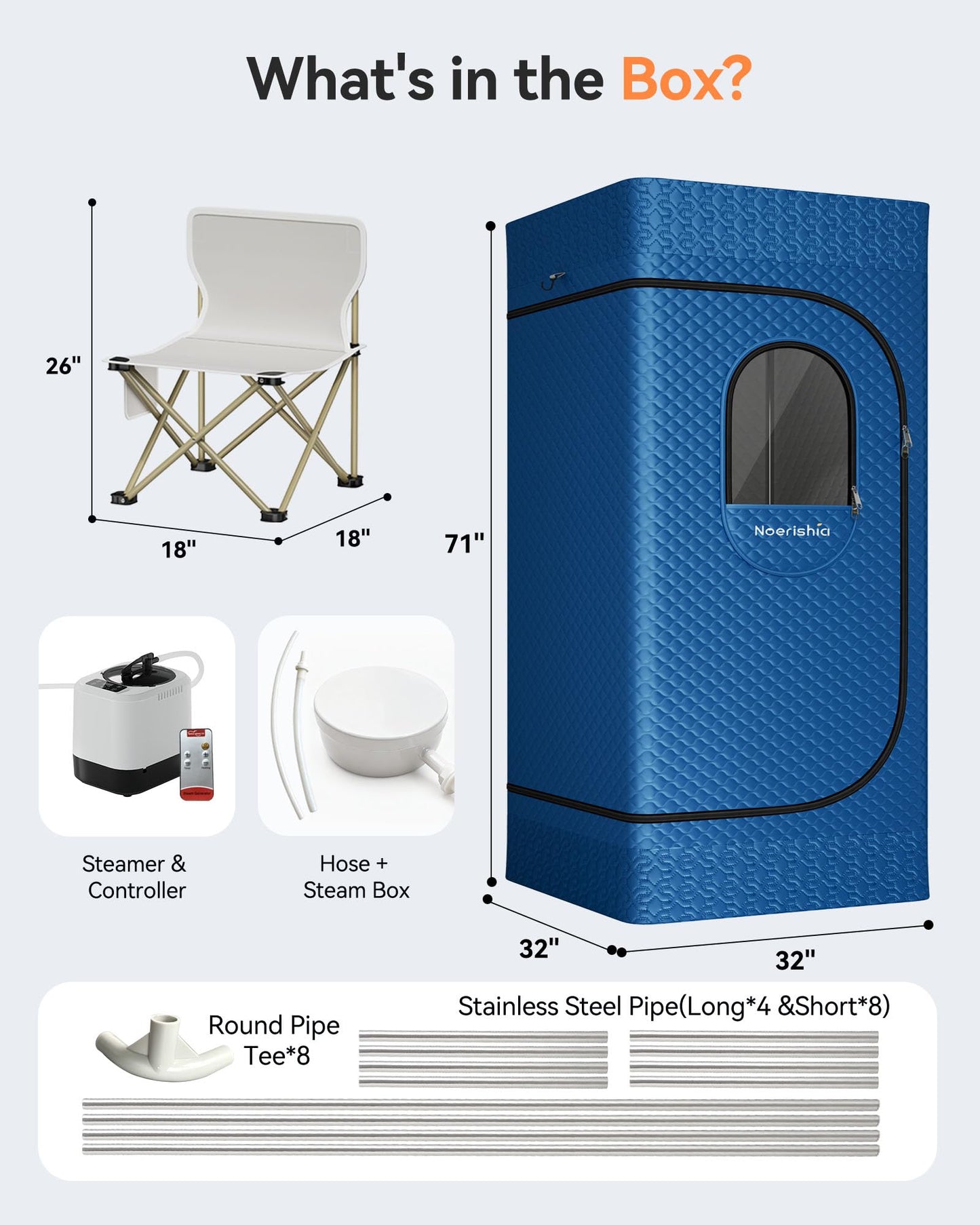 noerishia Portable Sauna for Home with 3L 1200W Steamer, Big Folding Chair, 99 Mins Timer, 9 Levels, Pernoanl Steam Sauna Tent Dual YKK Zippers for Home Spa Detoxification, 32' x32' x 71', Blue