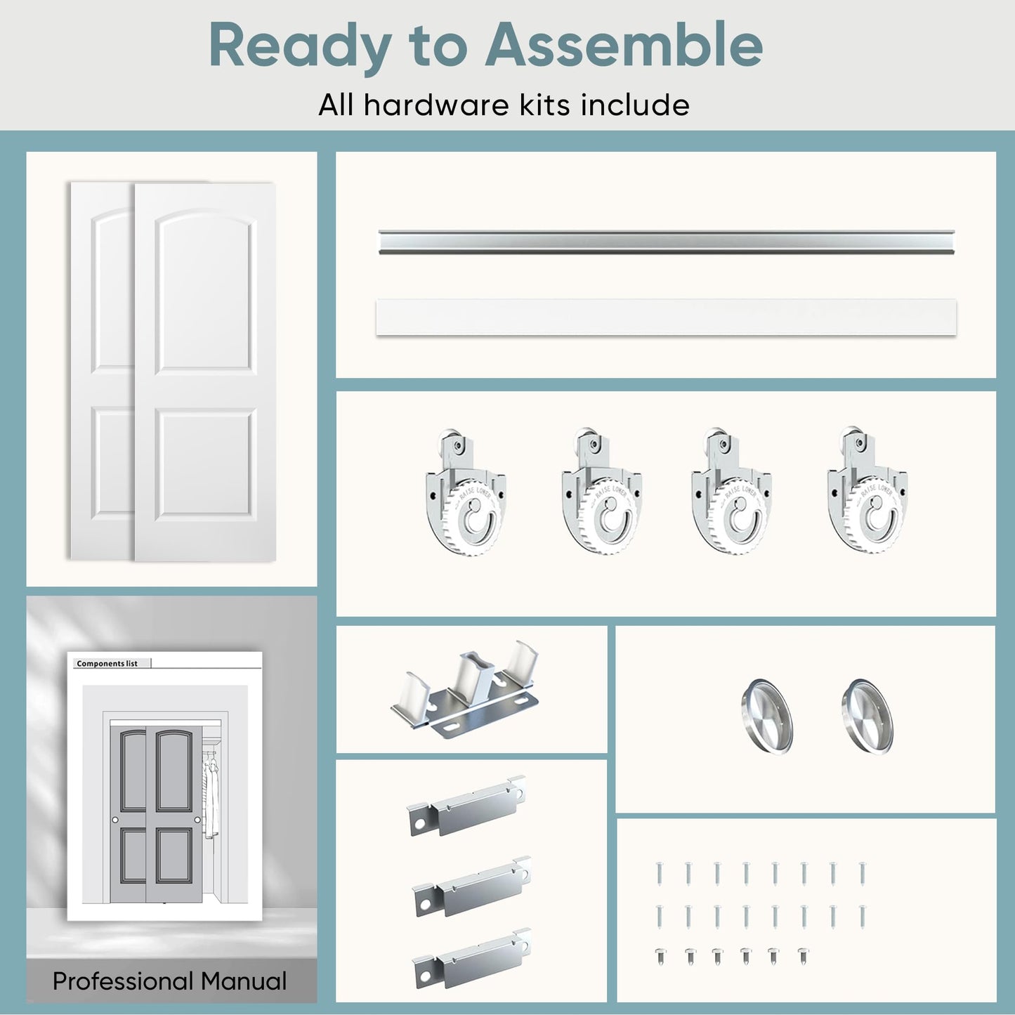 JUBEST 60x80 in Sliding Closet Door, Raised 2-Panel Arch Top White Primed Hollow Core Door Slab with Hardware Kits & Matching Fascia, Pre-drilled & Paintable, Space-Saving for Bedroom Laundry