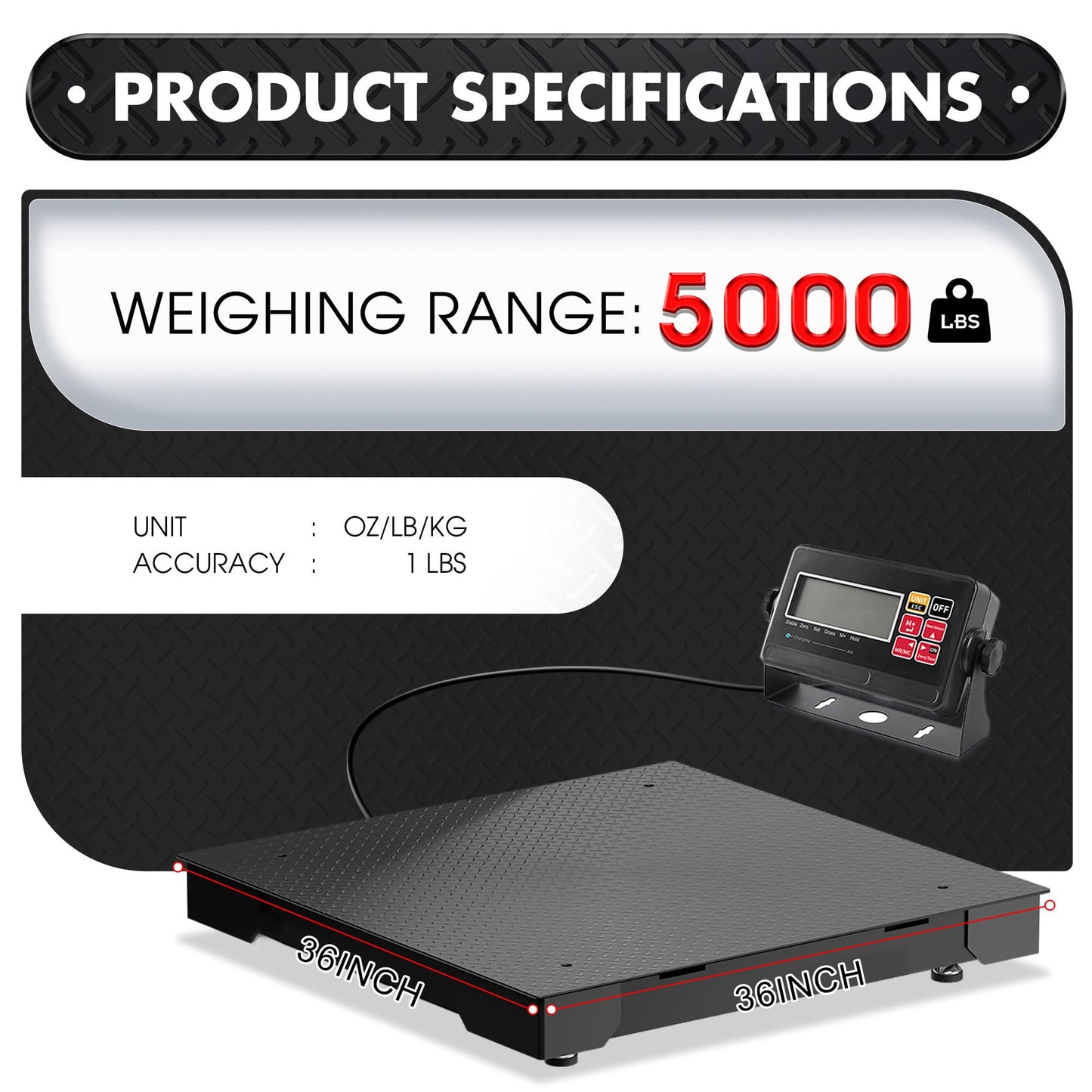 Industrial Floor Scale 36x36 Inch - 5000lb x 1lb, Heavy Duty Platform Weighing Scale with Digital Display