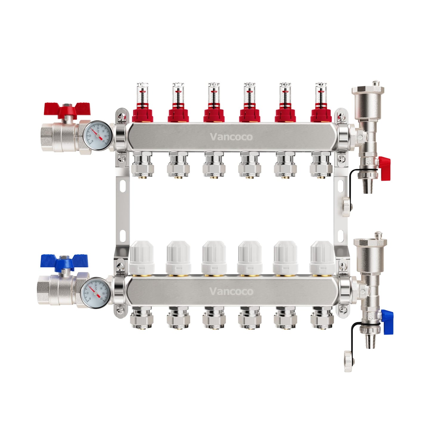 ‌VANCOCO 6 Loop Radiant Floor Heating Manifold, Stainless Steel Infloor Radiant Heat Manifold for Hydronic Radiant Floor Heating with1/2" Adapters