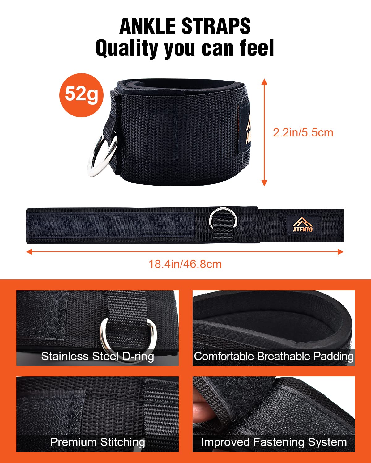 ATENTO 2 Pairs Ankle Strap for Cable Machine, Comfortable Padded Ankle Wrist Cuffs for Kickbacks, Glutes Workout & Lower Body Exercises, Adjustable & Breathable Ankle Straps for Women & Men (Black)