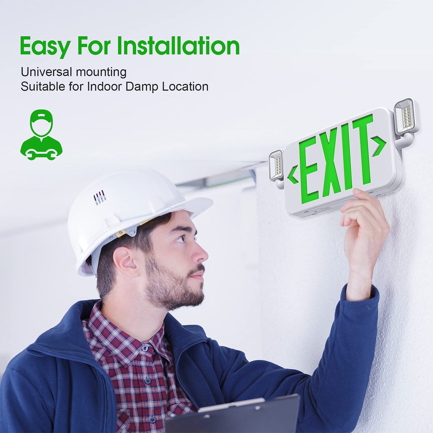 SITISFI Led Combo Emergency Exit Sign Light with Two Adjustable Head Lights and Backup Battery,US Standard Green Letter Commercial Emergency Exit Lighting,UL 924,120/277V (2Pack)