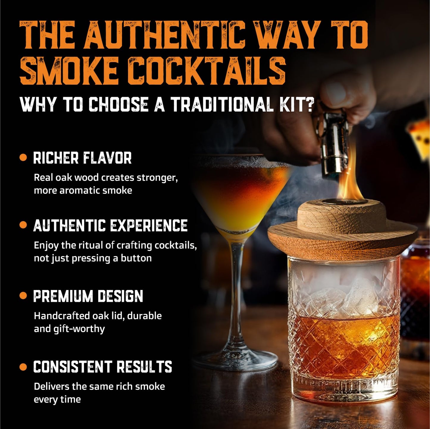 Whiskey Smoker Kit with Torch and Butane and Old Fashioned Syrup - 8 Flavors Wood Chips, 100% USA Oak, High-End Set - Old Fashioned Bourbon Cocktail Smoker Kit Gift for Men Dad