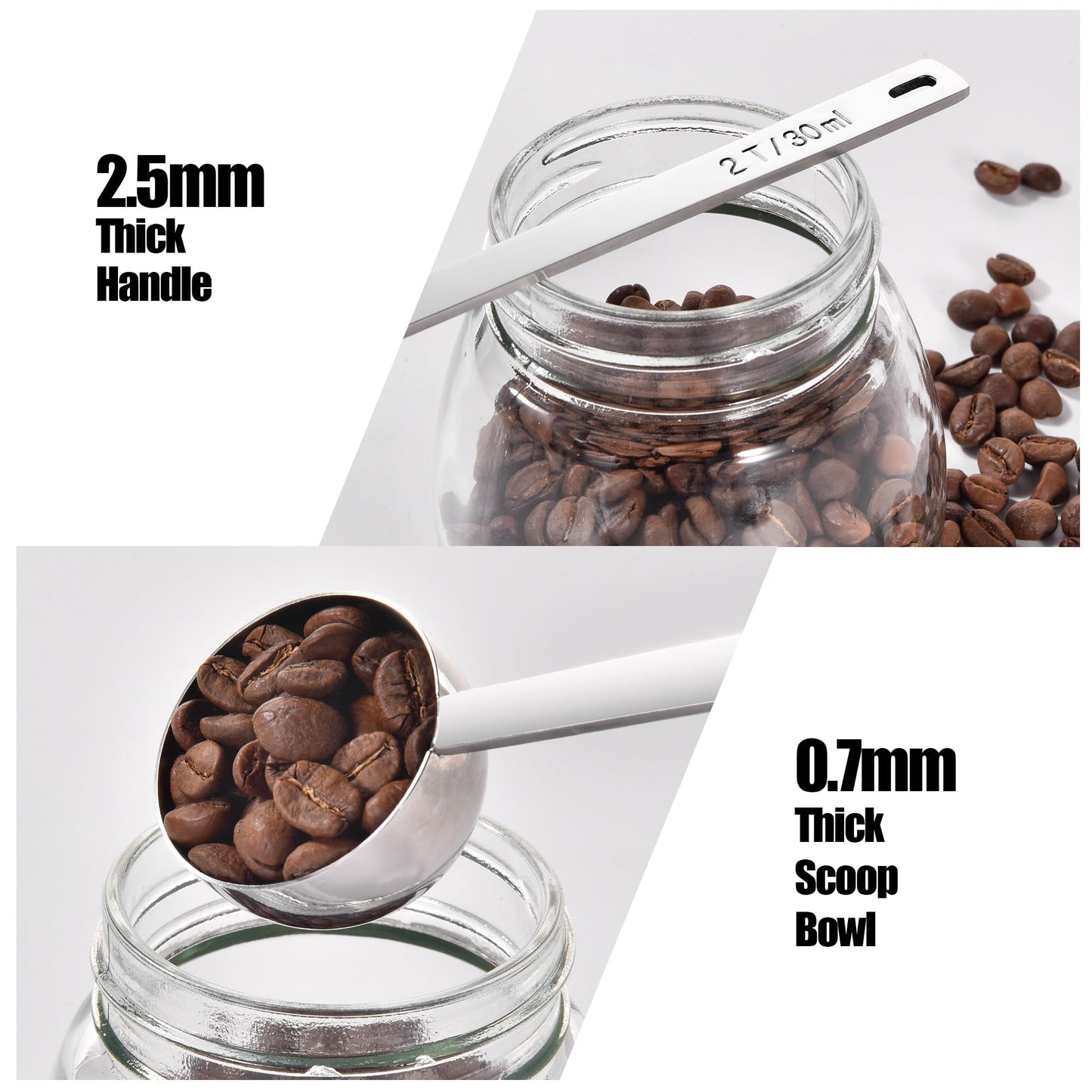 18/8 Stainless Steel Coffee Scoops, Doosu Food-Grade Metal Measuring Spoons with 8.5in Long Handle, Tablespoon Scooper for Coffee Beans, Ground Coffee, Espresso, Protein Powders, Tea (1 & 2 Tbsp)