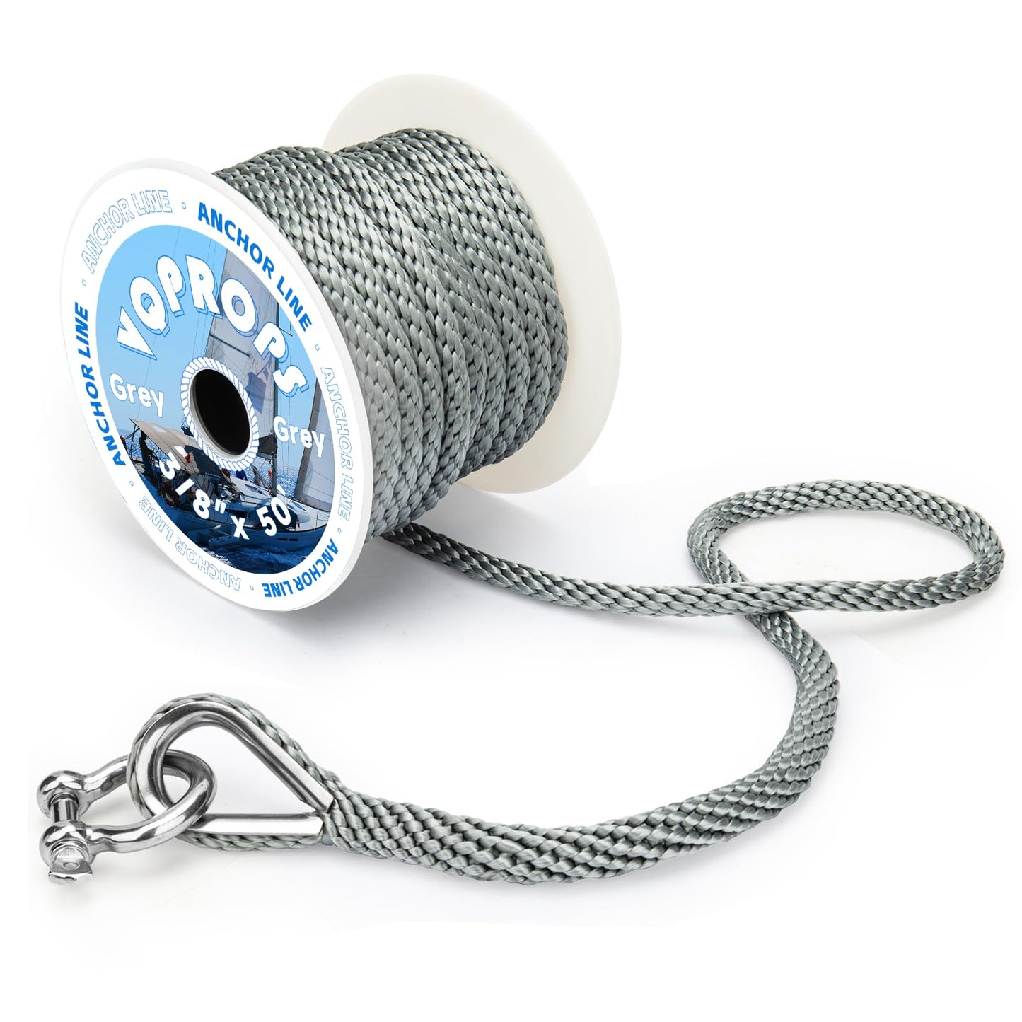 Anchor Line 3/8 inch 50ft. Grey Double Braided Nylon MFP Boat Anchor Rope ，with Stainless Steel Thimble and Shackle ，Anchor Line Fittings for Anchors and Boats Marine Rope