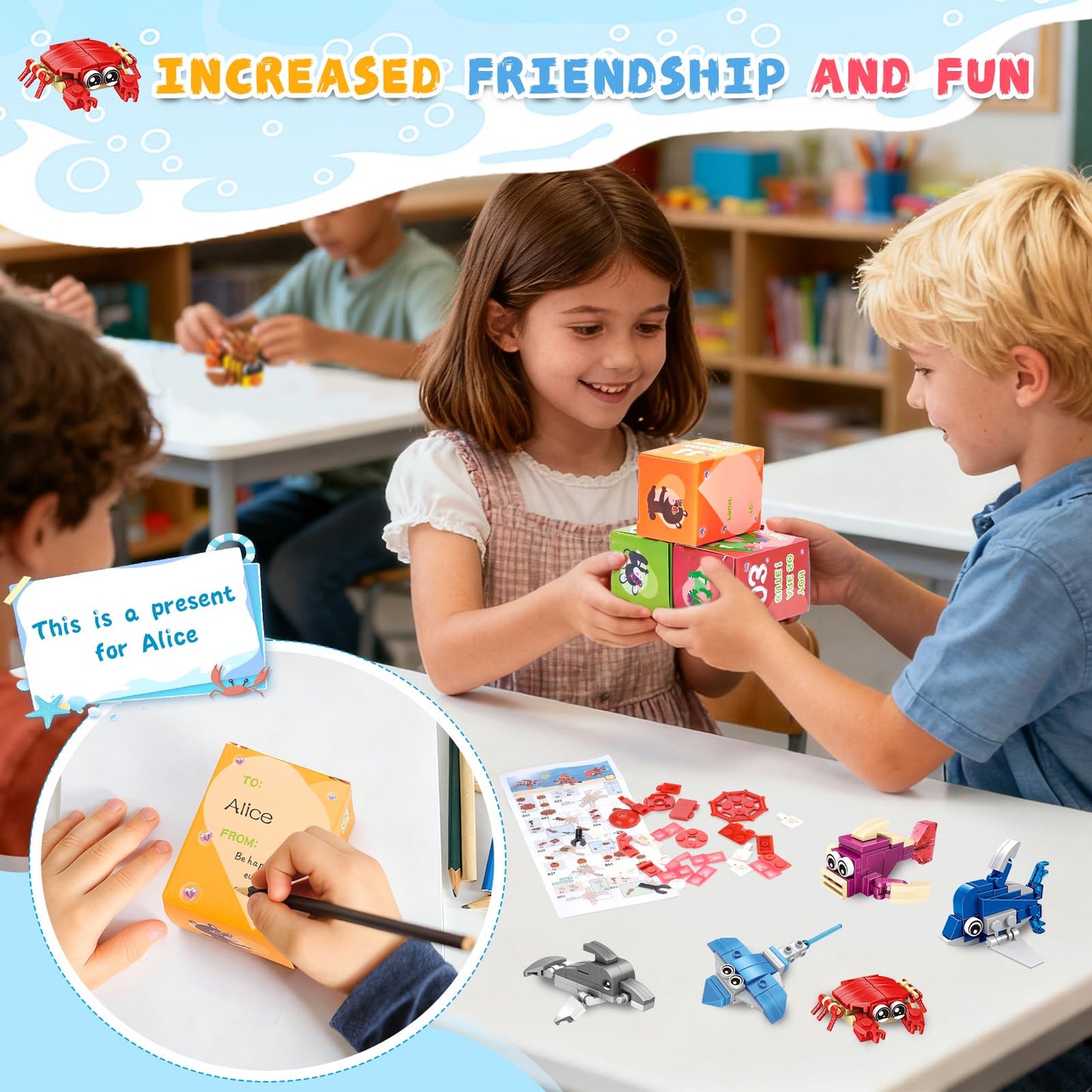 PEACEJOUNEY 24-piece Valentine's Day Gift Set, Ocean Life Building Blocks, Suitable for Boys and Girls - Valentine's Day Party Gifts, Classroom Exchange Gifts, School Reward Items