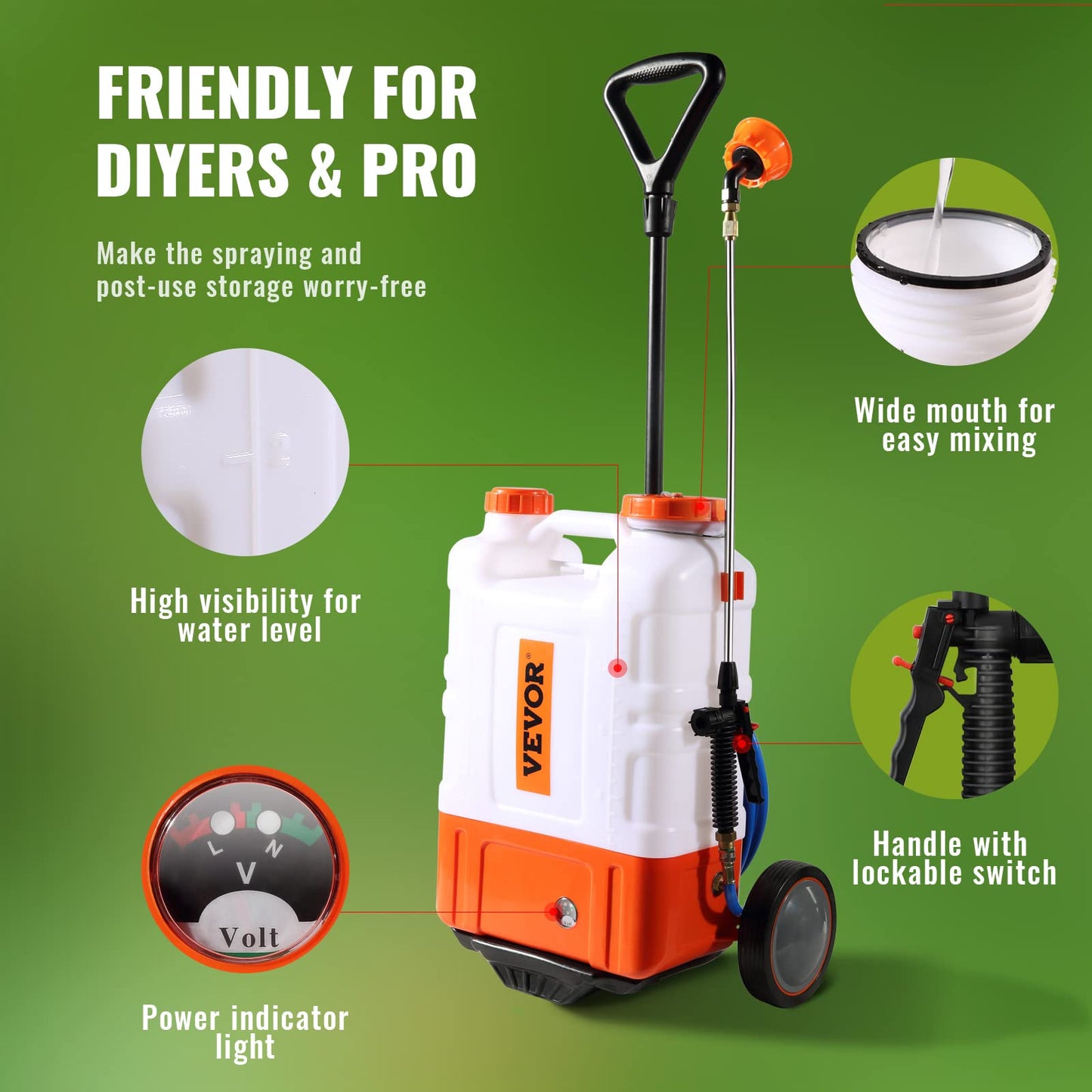 VEVOR 4 Gallon Battery Powered Backpack Sprayer with Wheeled Cart, Adjustable 0-94 PSI, 13FT Hose, 6 Nozzles, 2 Wands Included, Wide Mouth Lid for Weeding, Cleaning, Long Spray Time Without Fatigue
