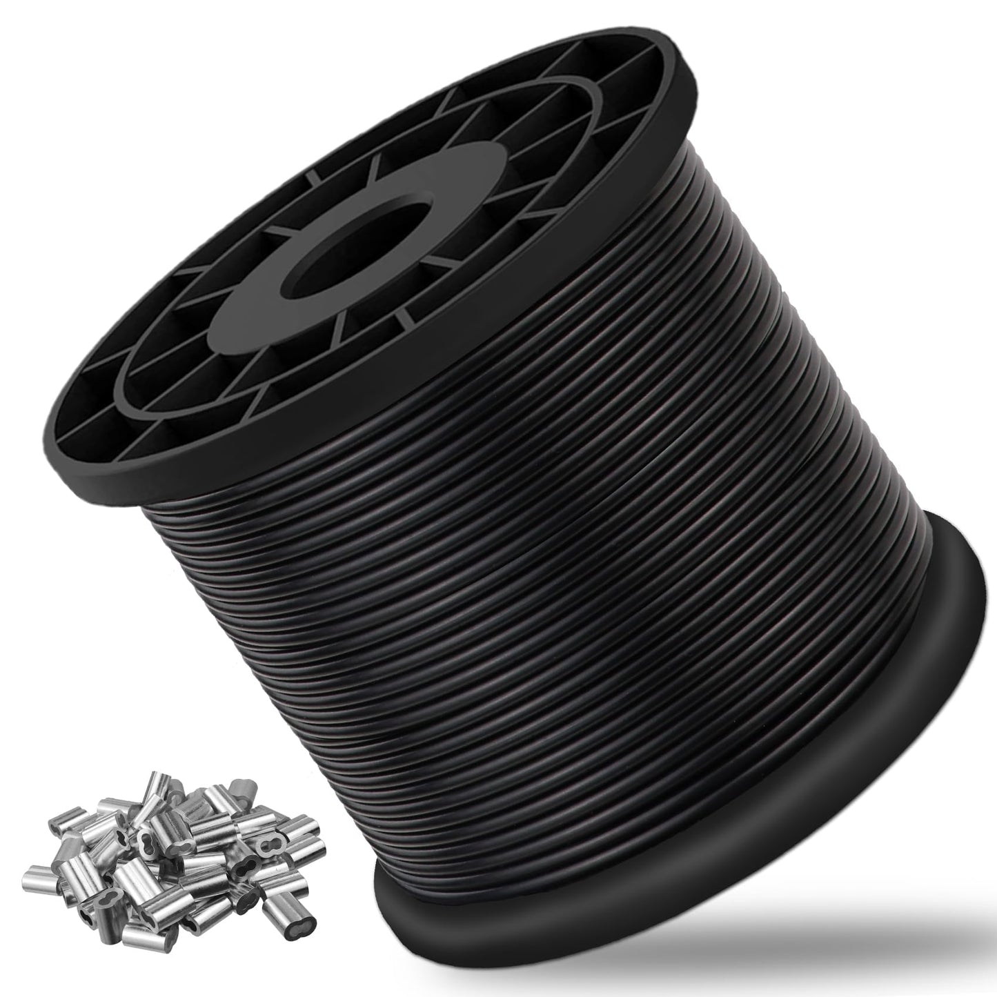 Vinyl Coated Wire Rope 304 Stainless Steel Coated Wire Cable-Black, 1/16" OD to 3/32" x700FT, with 250 Pcs Crimping Sleeves-Cable for String Lights, Suitable for Clotheslines