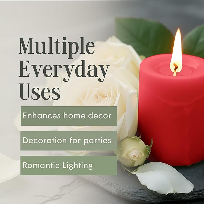 Mister Candle Dripless Unscented Pillar Candles, Set of 3 Hand Poured Solid Color Non-Scented Candles for Home Decor, Premium Wax, 60 Hr Burn Time - 3x4 Inch, Red