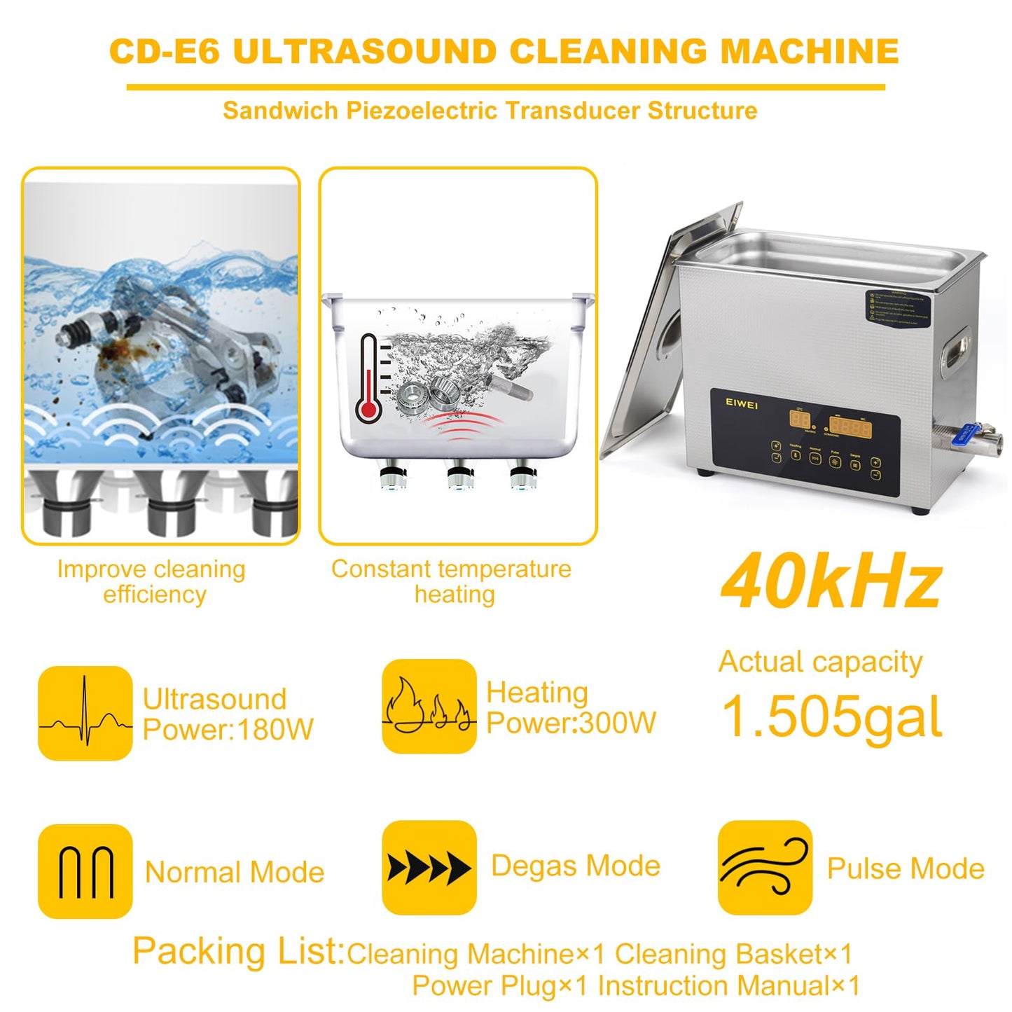 EIWEI 6L Ultrasonic Cleaner Dual-Frequency Professional Digital Stainless Steel Cleaning Machine with Heater Timer for Carburetor, Parts, Circuit Board, Glasses, Denture，Jewelry