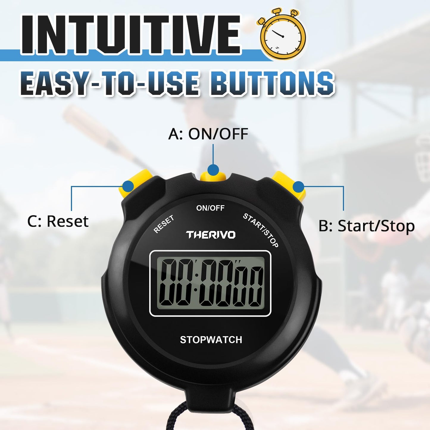 Therivo Digital Simple Silent Stopwatch Timer: Only Stopwatch Mode (No Laps), Easy to Use, Read, and Carry with Intuitive Buttons — On/Off, Large Display, Ideal for Kids, Track, Sports, Coaches