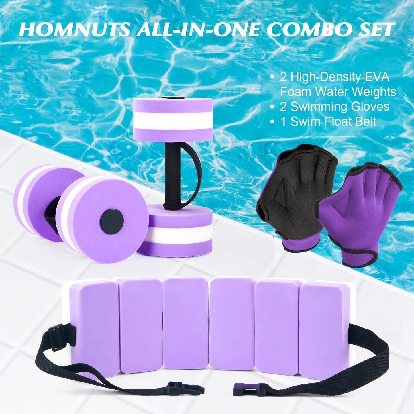 HOMNUTS Water Dumbbells Aquatic Exercise Combo Set, High Density Water Weight, Swimming Belt, Swimming Aquatic Gloves for Swim Fitness Training Water Exercise