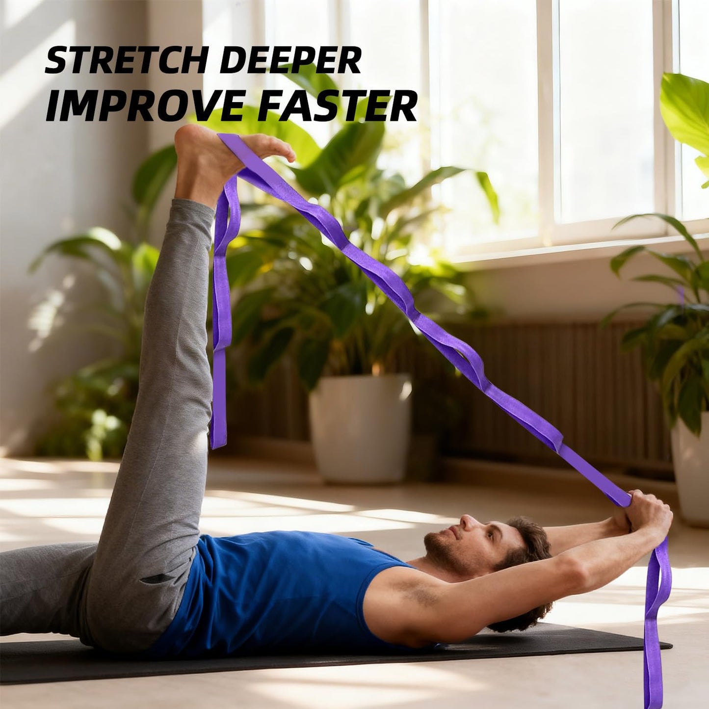 EZYA Stretching Strap with Loops, Non-Elastic Yoga Strap for Physical Therapy & Home Rehab, Mobility Exercise Strap for Pilates, Dance & Gymnastics