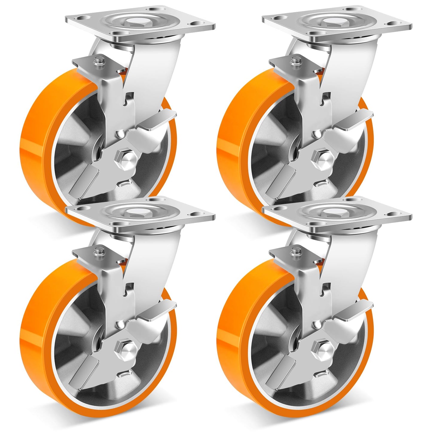 W B D WEIBIDA 6 Inch Industrial Grade Casters Set of 4, Heavy Duty Casters Wheels with Brake 5000 Lbs, Maintenance-Free Polyurethane on Aluminum Wheels, Plate Swivel Casters for Machine, Equipment