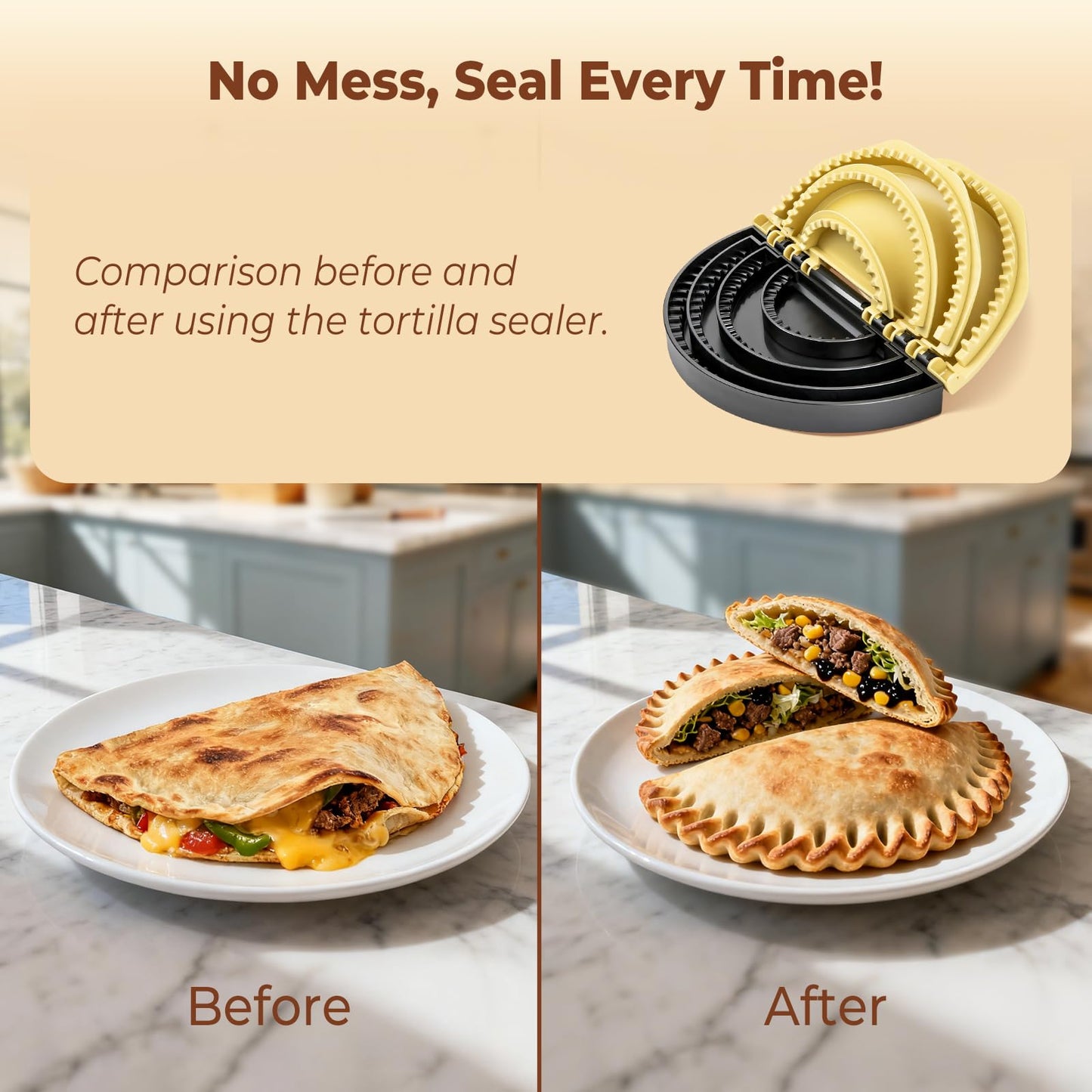 Zenflux 4-in-1 Portable Tortilla Sealer and Crimper - Quesadilla Maker & Empanada Press with 4 Detachable Sizes (4, 6, 8, 10 Inch), Create Sealed Quesadillas, Burritos, Dumplings, Black and Yellow