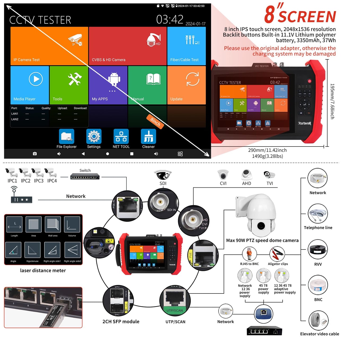 Rsrteng CCTV Tester 8K 32MP 12MP IP Camera Test POE++ Max 90W POE Camera Tester 4K 8MP TVI/CVI/AHD/SDI/CVBS WiFi Network Tools Cable Test Distance Meter 2CH SFP Port HD VGA DC Power Output