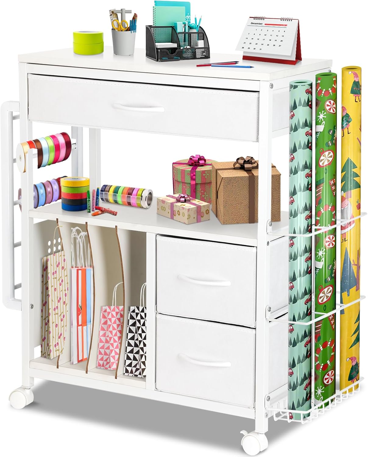 Vikua Gift Wrapping Cart - 3-Tier Portable Station with Ribbon & Bag Storage | Perfect for Christmas