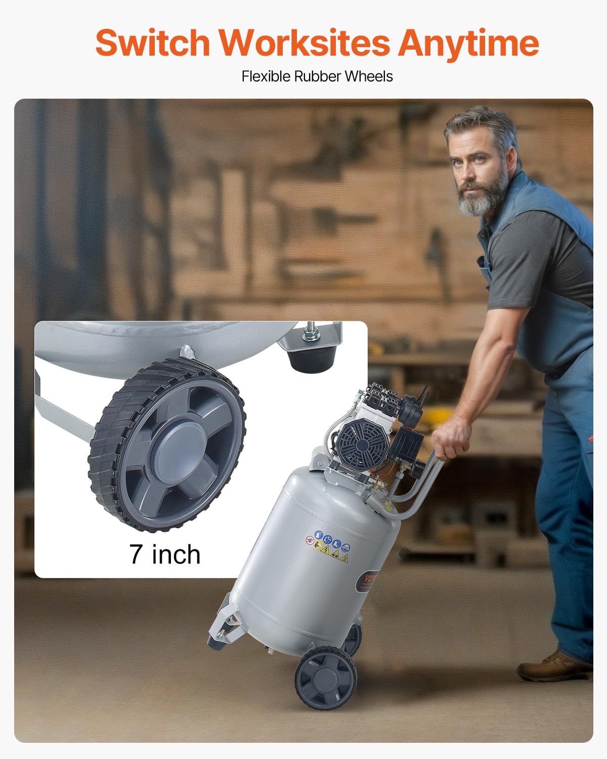 VEVOR 13-Gallon Air Compressor, 2HP, 4.6 SCFM@90PSI, Oil-Free Tank, 66dB Quiet Operation, Ideal for Tire Inflation, Woodworking, Auto Repairs, and Spray Painting (Maximum Pressure 125 PSI)
