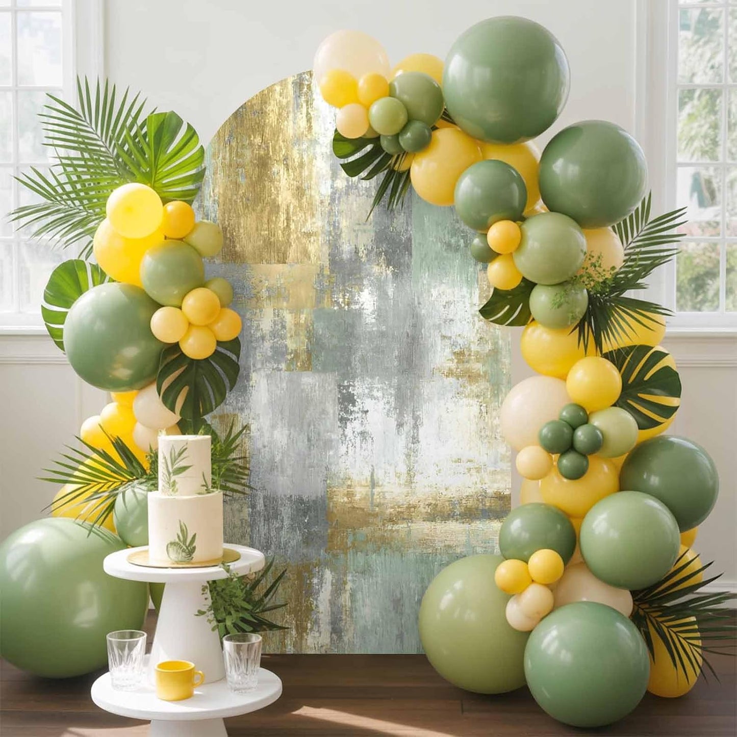 LFoveYuamer 6.6 Ft Arch Backdrop Cover, Yellow Sage Green Grey Decorative Wedding Arch Covers Spandex Fitted, Modern