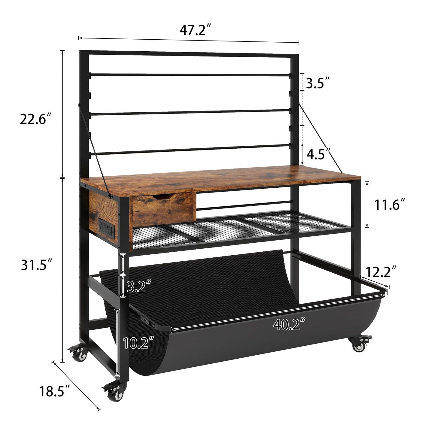 Natwind Wide Format Printer Stand, Plotter Workbench Table with Pull-Out Drafting Storage, Roll Paper Holder, Accessory Drawer, Adjustable Storage Shelf for Plotters and Cutting Machines (Retro)