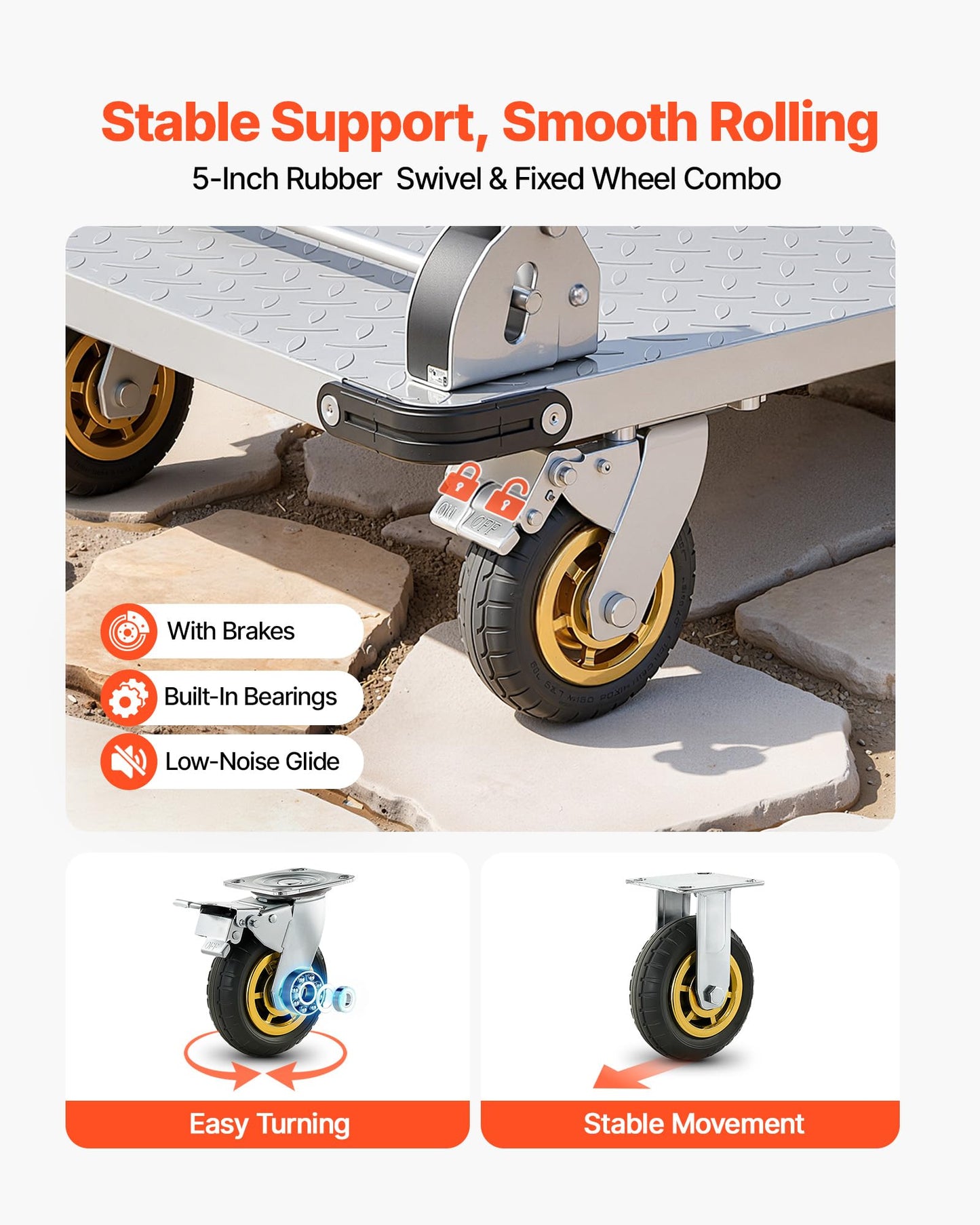 VEVOR Heavy Duty Platform Truck, 2000 LBS Steel Large Flatbed Cart with 360° Swivel Wheels & Brakes, Foldable Platform Hand Push Truck Dolly for Easy Storag/Groceries/Garage/Warehouse (36" X 24")