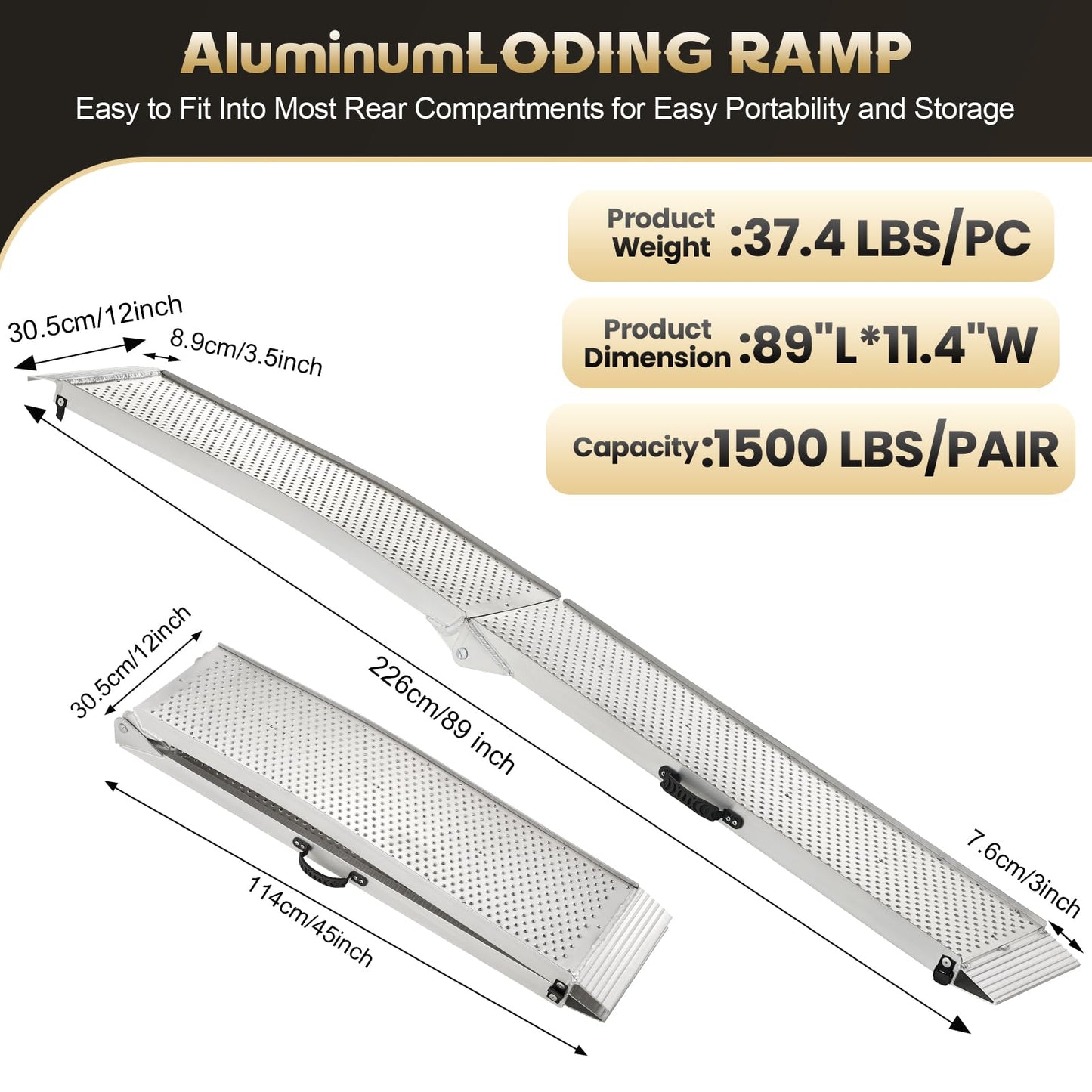 FACHNUO Aluminum Loading Ramps 1500LBS Capacity, 7.5Feet Pickup Truck Ramps for Trailer/ATV/UTV Motorcycle Ramp, Lawn Mower, Dirt Bike, Folding Portable Shed Ramp, 2PC, 89-by-12-inch