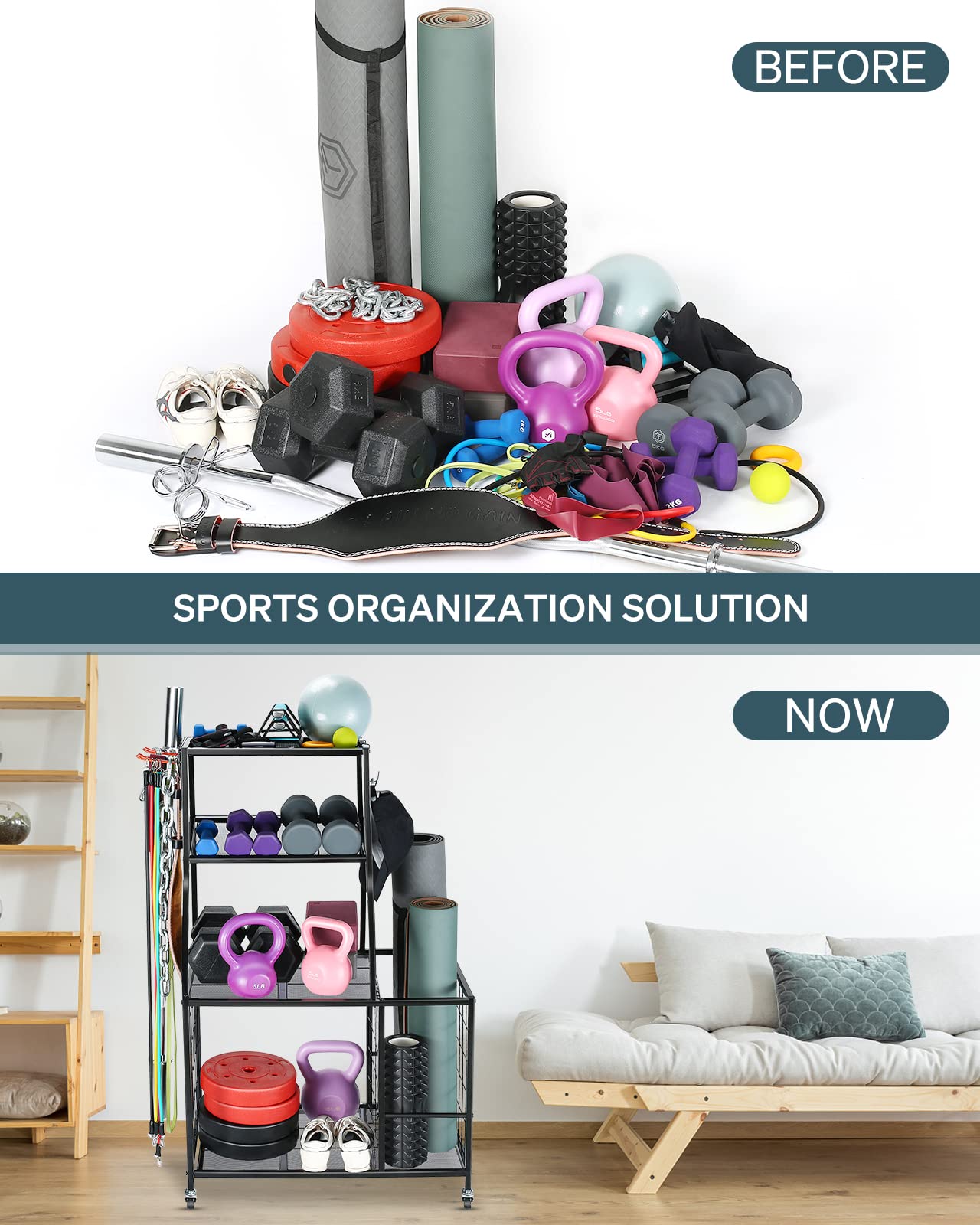 Weight Rack For Dumbbells Storage - Home Gym Storage Yoga Mat Storage Rack Workout Equipment Storage Rack for Kettlebells, Multifunction Exercise Equipment Gym Rack Organizer with Wheels and Hooks