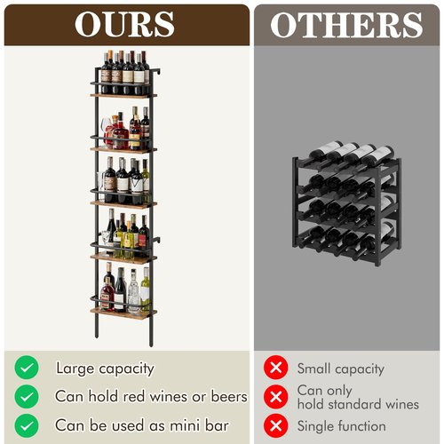Heakrit 5-Tier Wine Rack Wall Mounted, Wine Racks Freestanding Floor with Fences, 50 Bottles Wine Bottle Holder Liquor Cabinet Bar Shelves for Home, Kitchen, Dining Room (Brown)