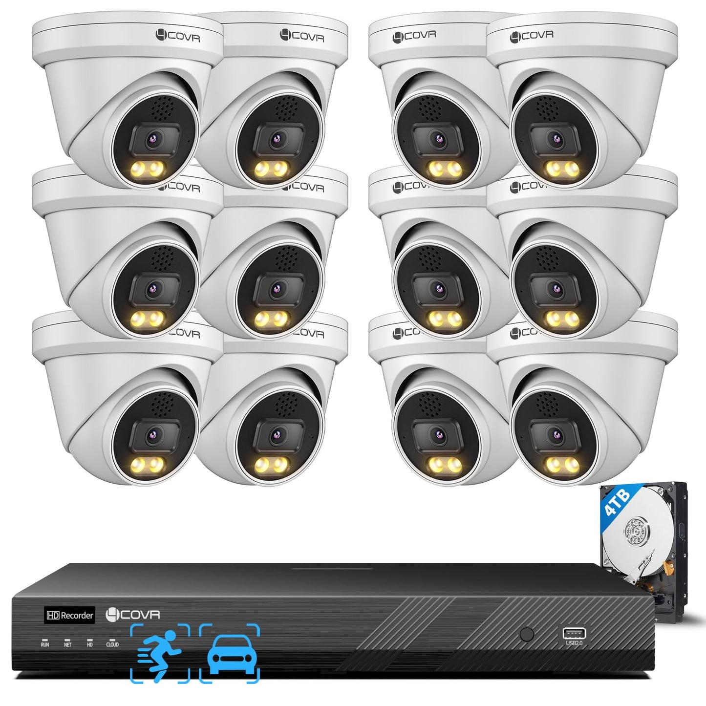 4COVR 16 Channel PoE Security Camera System, 2-Way Talk & Dual Lights Smart Full Color Night Vision, Human/Vehicle Detection, 4K NVR 4TB HDD, 12X 5MP Wired Business Dome IP Camera IP67, LY97KA5M1612