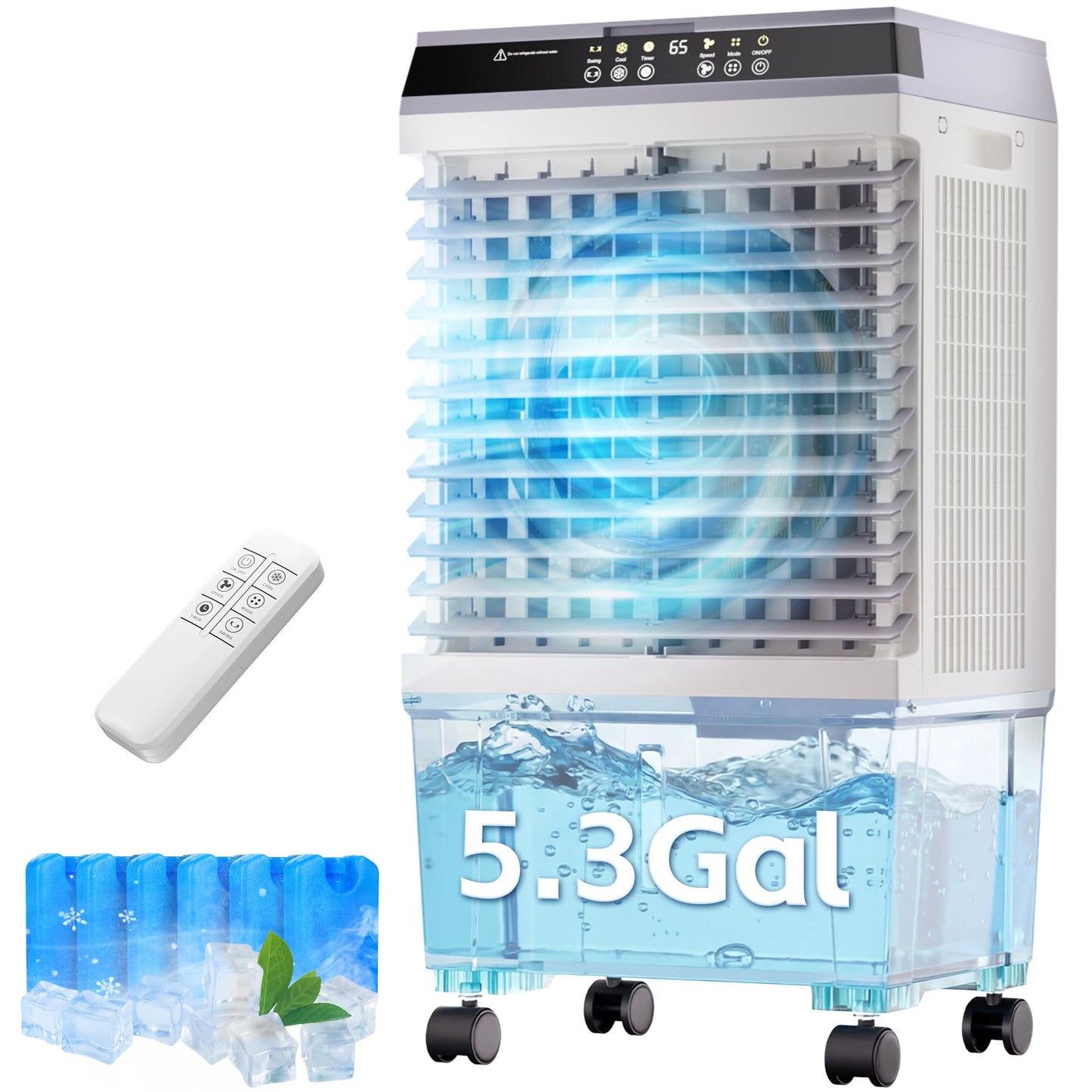 AKIRES 1800CFM Swamp Cooler,3-IN-1 Evaporative Air Cooler with 5.3 Gal Water Tank,6 Ice Packs,Evaporative Cooler with 12H Timer,2 Modes,3 Speeds,120°Oscillation，Cooling Fan for Indoor,Outdoor(32IN)