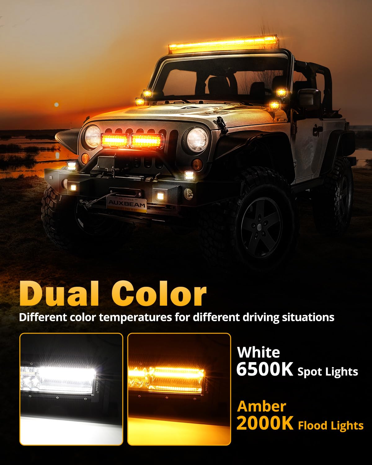 Auxbeam 6 Modes Amber White Series, 42 Inch 240W Curved LED Light Bar, Strobe Warning Flashing Dual Color Fog Light, Spot Flood Combo Off-Road Auxiliary Lighting, for Pickup Truck 4WD Jeep