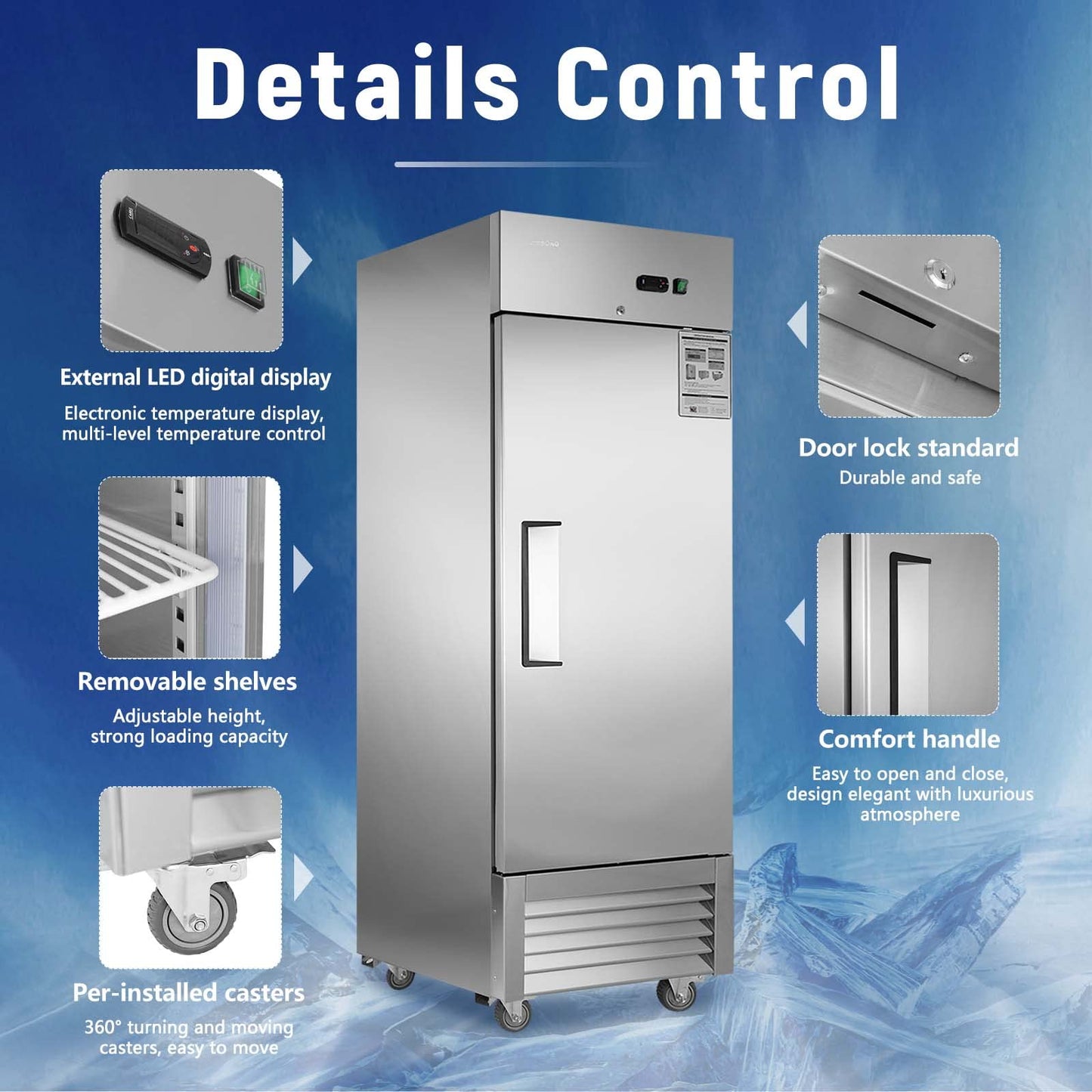 JINSONG 27" Commercial Freezer with Single Solid Door, 23 cu.ft Stainless Steel Reach-in Freezer for Restaurant, Bar, Shop, Residential, with 4 Shelves and 4 wheels