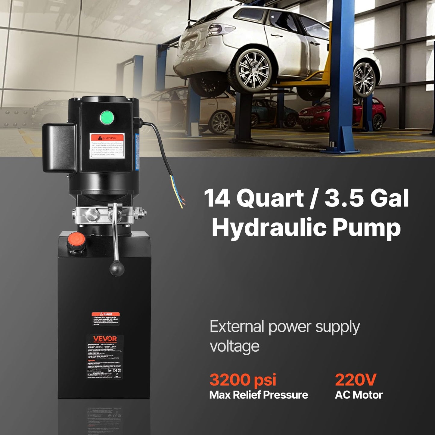 VEVOR 14 Quart Hydraulic Power Unit, Single Acting Steel Dump Trailer Pump, 3200 PSI Max Relief Pressure & 1.7 GPM Flow Rate, 220-240V Hydraulic Pump with Metal Reservoir for Dump Trailer Car Lifting