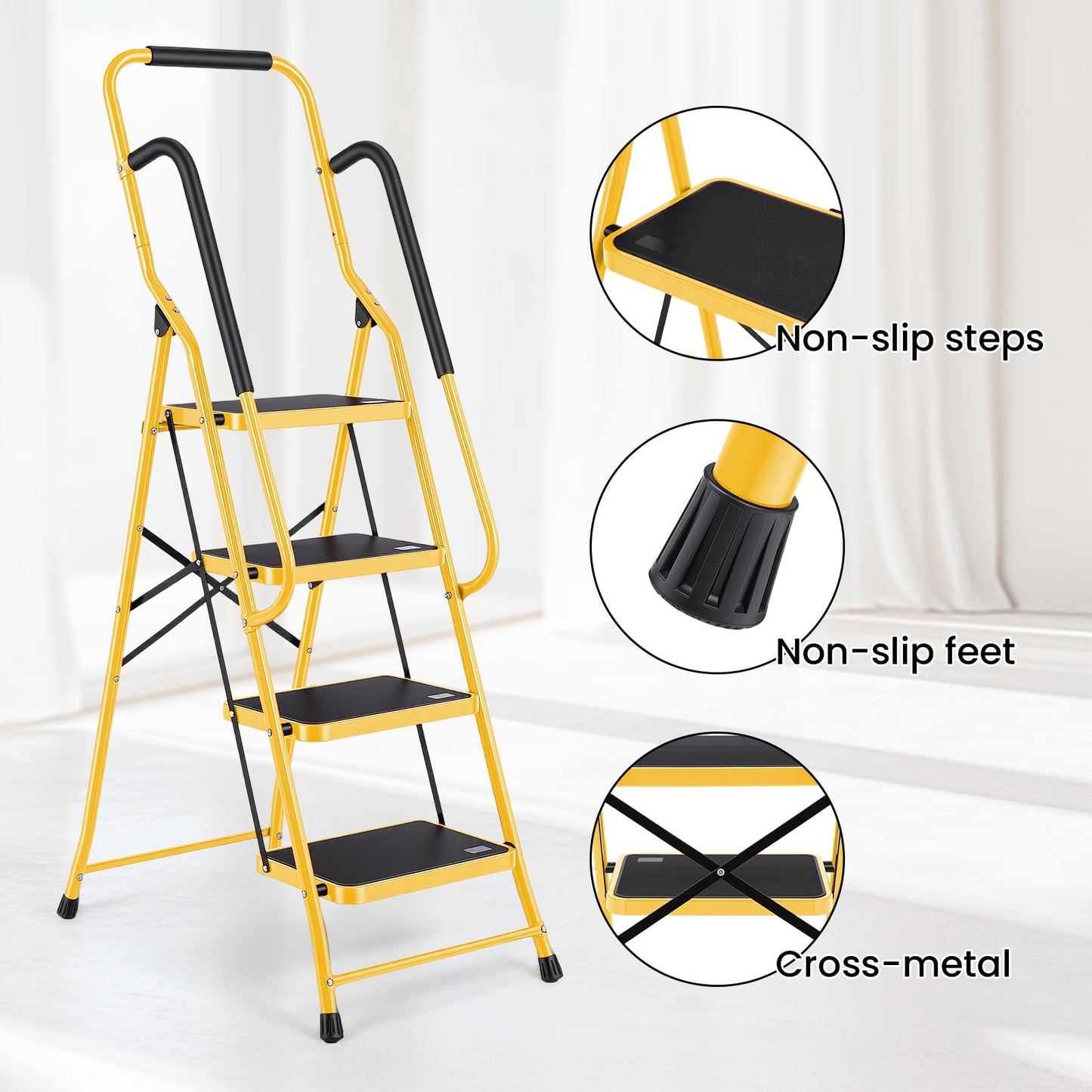 Step Ladder 4 Step Folding with Handrails, Sturdy Steel Portable Ladder, Folding Step Stool with Wide Anti-Slip Pedal, Lightweight Step Stool Foldable for Library Home Garage Office,Yellow