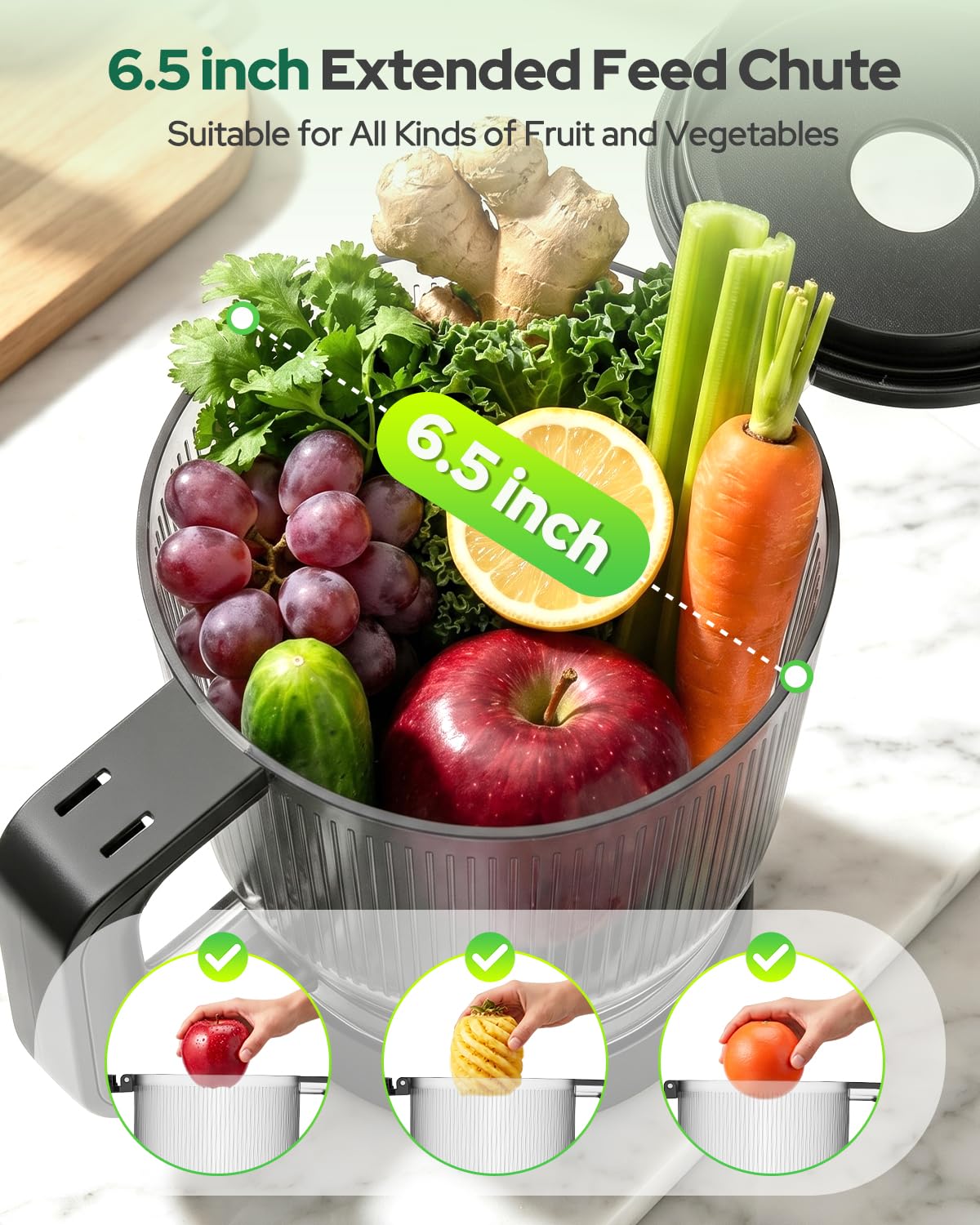 AFBEST 2026 Upgraded Cold Press Juicer Machine, 6.5" Extra Wide Chute Masticating Juicer with 100oz Self-Feeding Hopper,3-in-1 Smart Touch Slow Juicer for Sorbet & Nut Milk, High Yield, Easy Clean