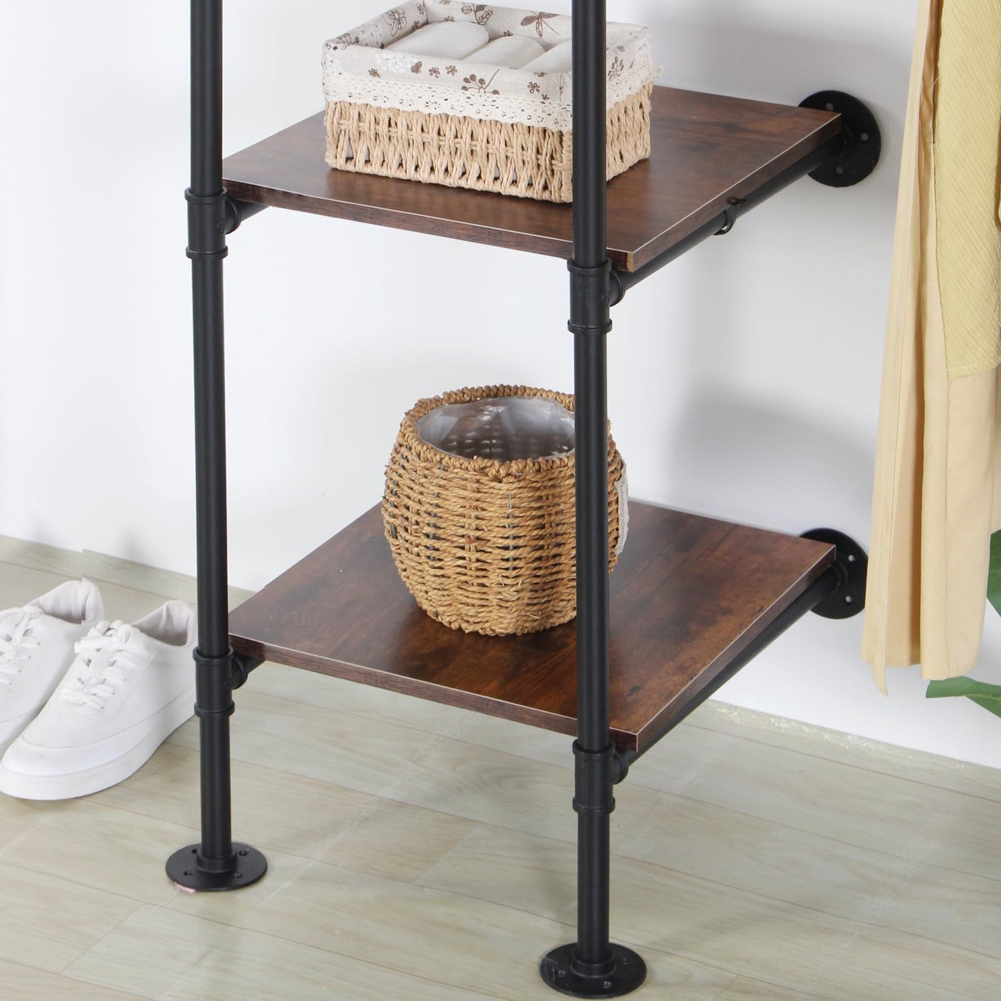 EDCB Wall Mounted Industrial Pipe Heavy Duty Clothes Rack, Clothing Rods for Hanging Clothes, Freestanding Clothing Rack with 2 Hang Rods & 4 Shelves, 72.8" W x 17.7" D x 71" H