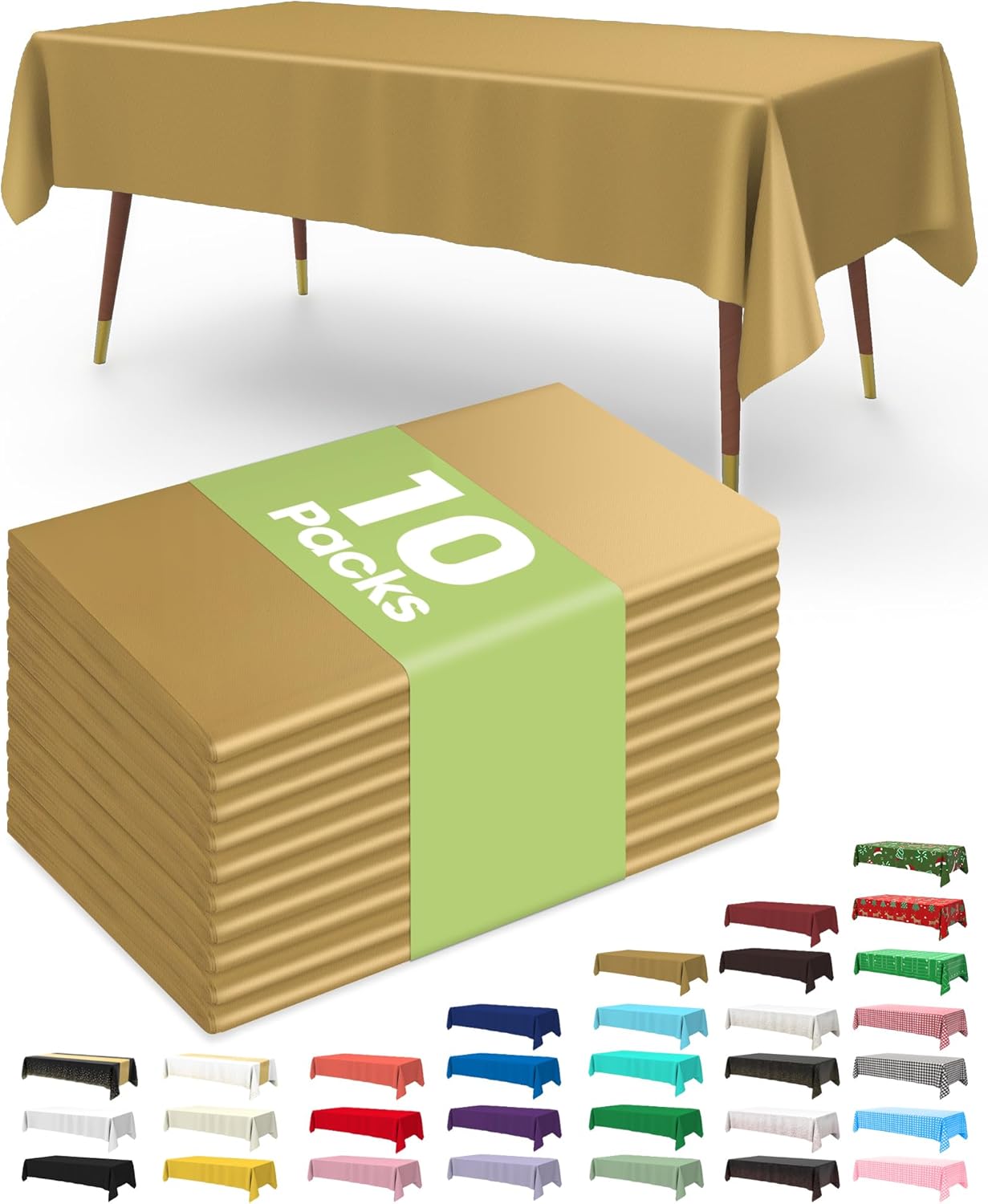 Pureegg Disposable Plastic Tablecloths - 10 Pack, 54 x 108 Inch, Sturdy & Leakproof, Gold for Events