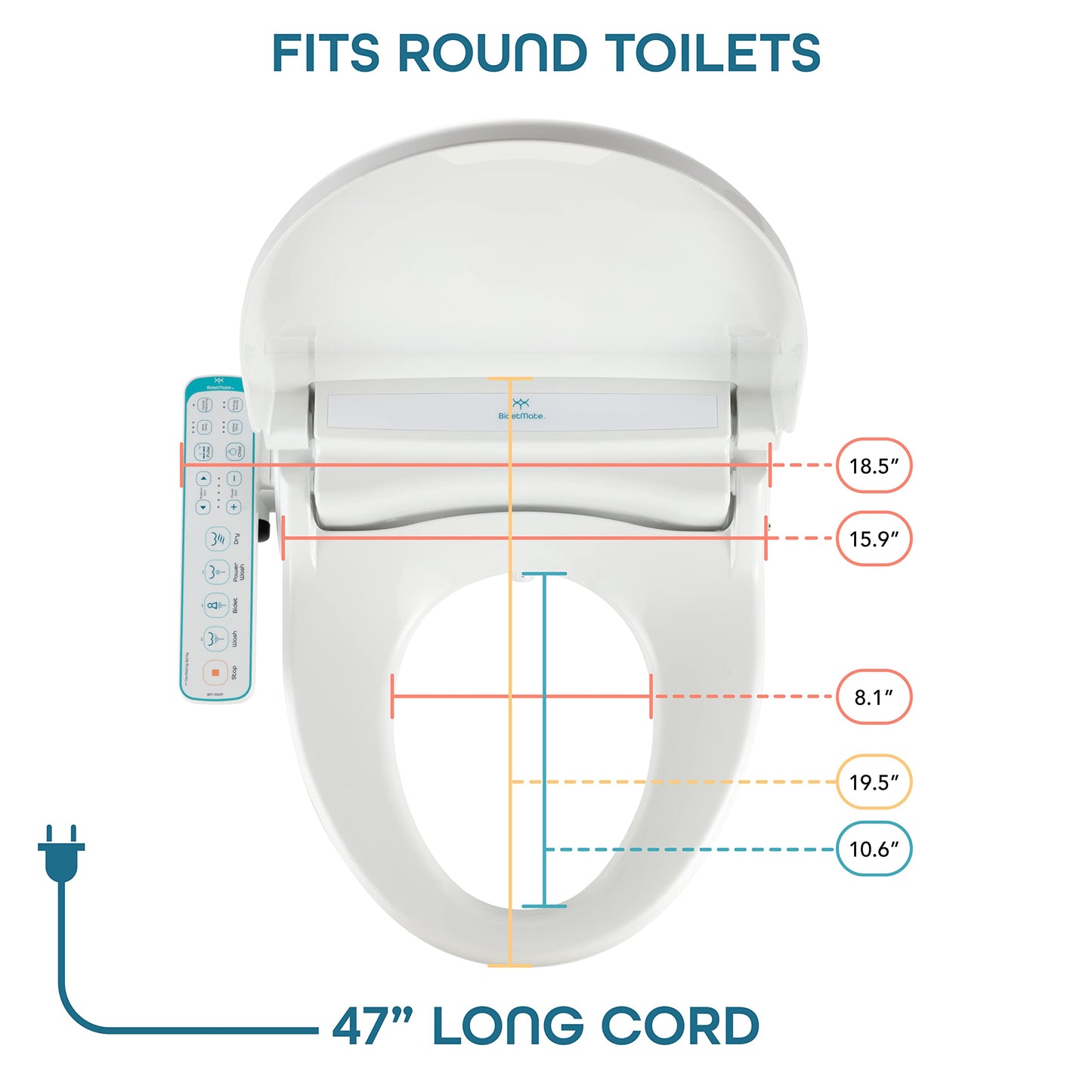 BidetMate 1000 Series Electric Smart Toilet Bidet Seat with Heated Water, Side Control Panel, and Warm Air Dryer - Self-Cleaning - Perfect for a Smart Home Kit - Round