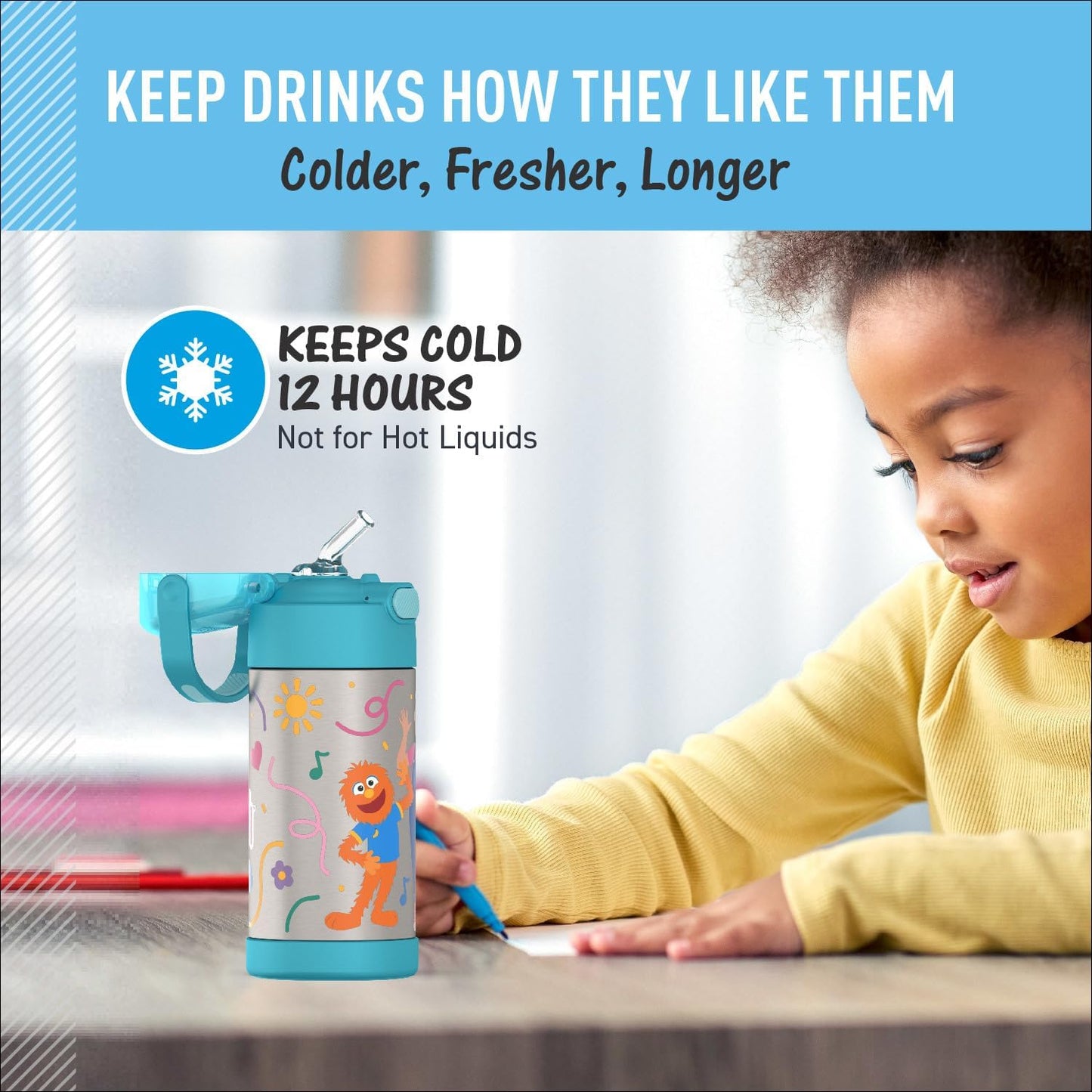 THERMOS FUNTAINER Water Bottle - 12 Ounce Kids Stainless Steel Vacuum Insulated with Straw | Ms. Rachel Design