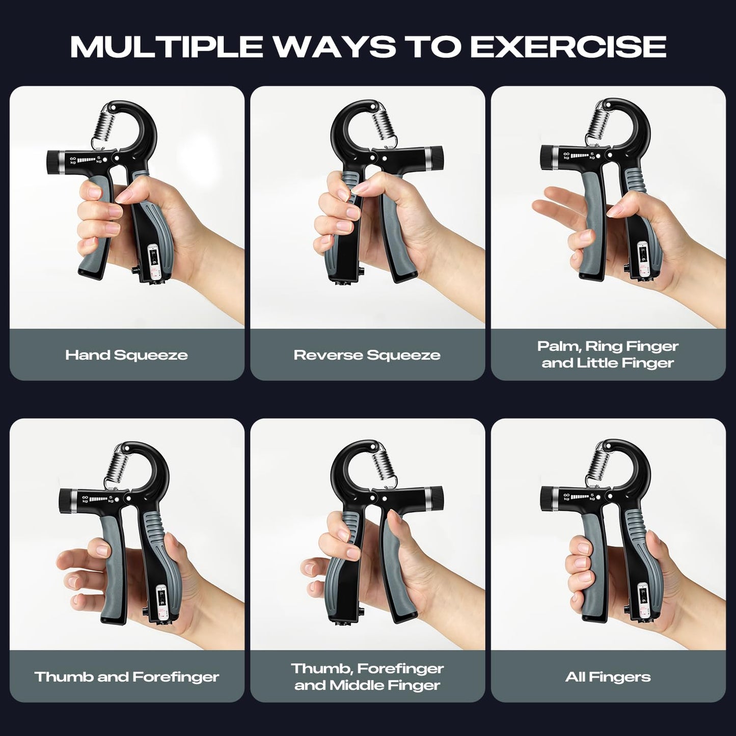JTHEW Grip Strength Trainer - Adjustable Resistance 11-132lbs/5-60kg Hand Gripper & Forearm Strengthener Device with Smart Counter for Sports & Rehab (black grey, 5-60kg)