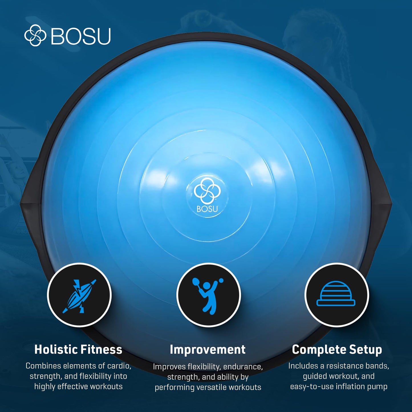 BOSU Pro Balance Trainer, Half-Ball Training Equipment, 300 lb Capacity, Stability Exercise Tool with Resistance Bands Non-Slip Base, Blue