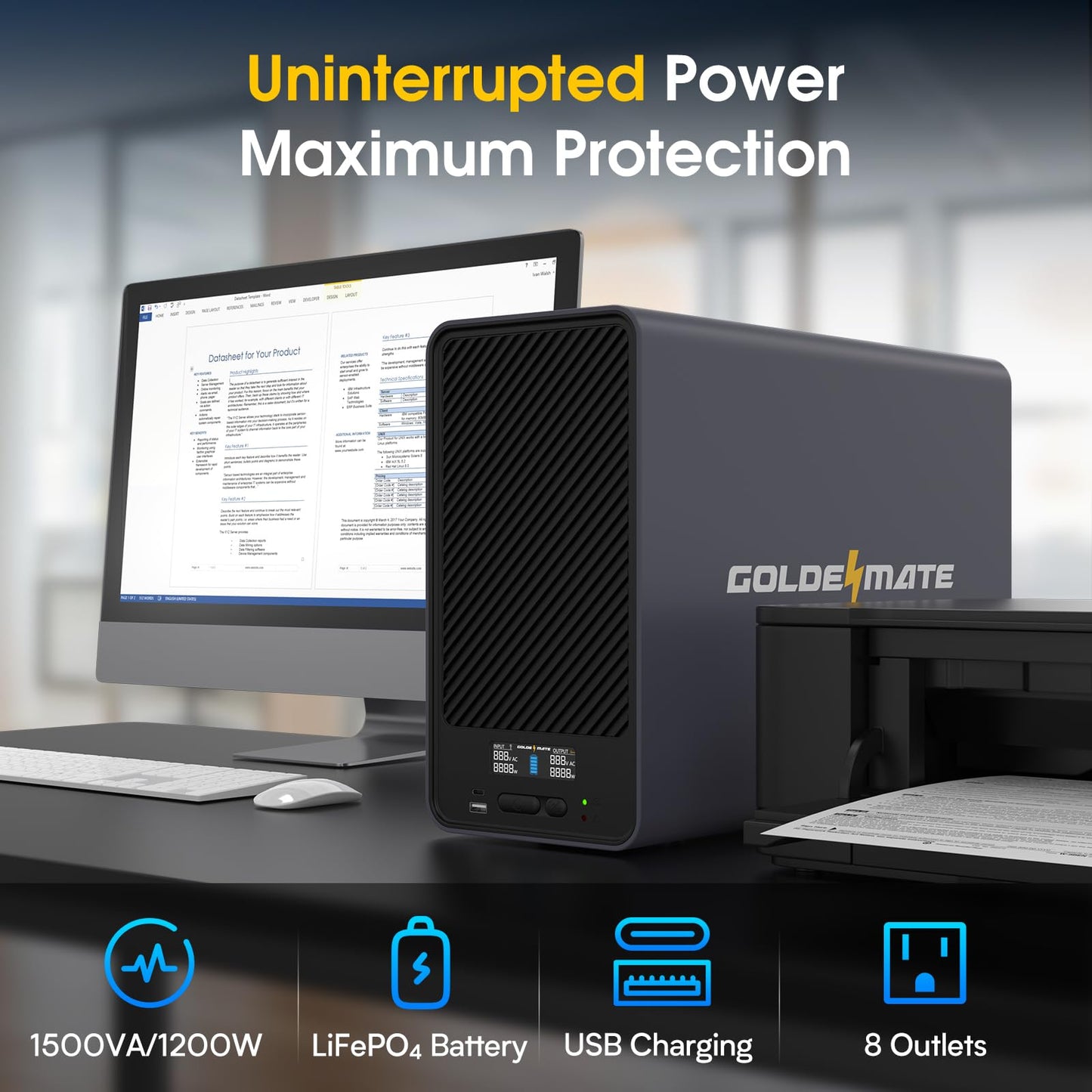 GOLDENMATE 1500VA/1200W Lithium UPS Battery Backup and Surge Protector, Backup Battery Power Supply with LiFePO4 Batteries(296Wh), AVR, Line Interactive Sinewave UPS System, 8 Ports, LCD Screen, Gray