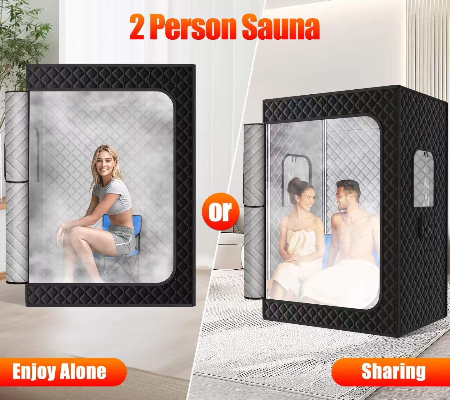 X-Vcak 2 Person Sauna, Extra Large Sauna, Portable Steam Sauna Tent with 2 Steamers, 2 Folding Chair, 71”x 49”x 36”, Black