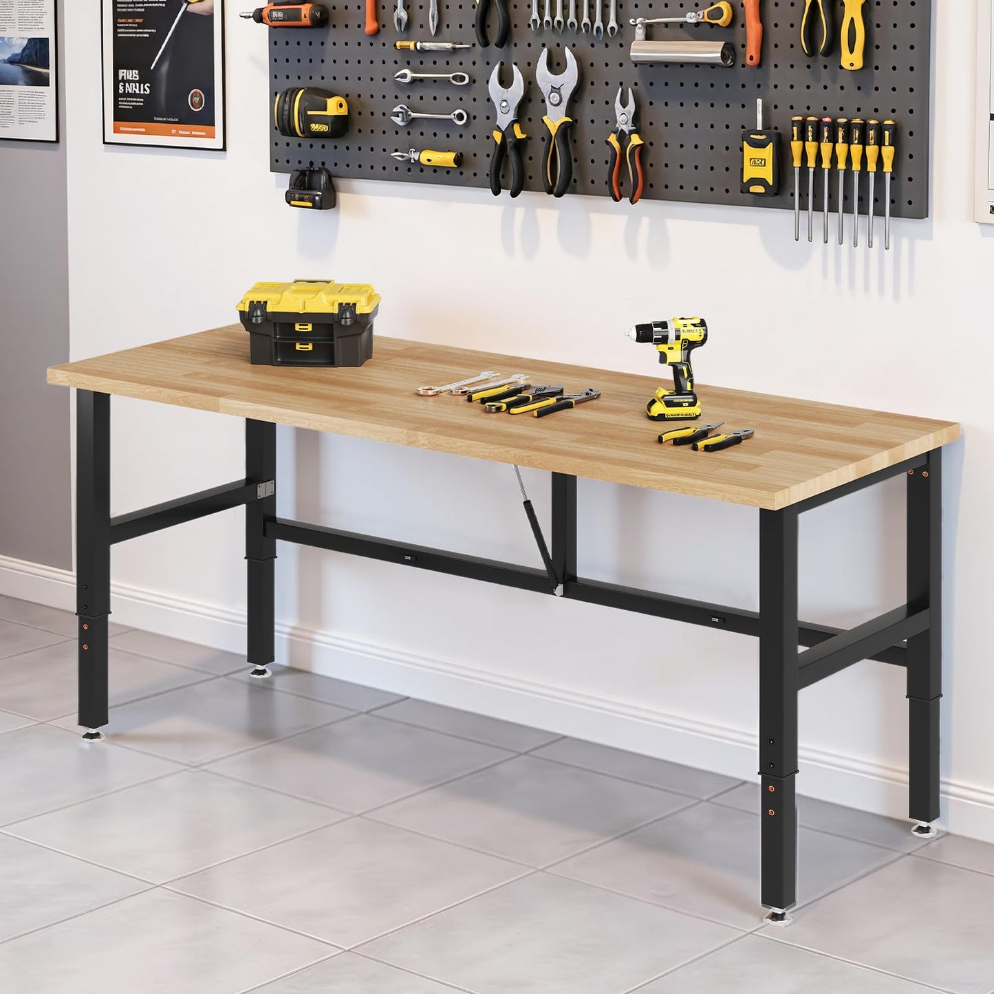 SPECRAFT 72x24 Folding Workbench, Adjustable Foldable Workbench with 2000 LBS Capacity, 30.7"-40" Height, Rubber Wood Top for Garage, Workshop, Office