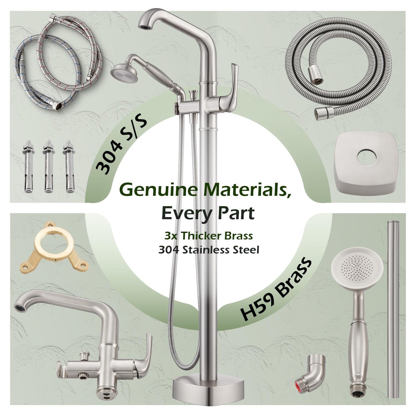 Luxury Free Standing Tub Faucet, Classic Brass Freestanding Bathtub Faucet, Lexdale Bathroom Floor Mount Tub Filler with handheld Sprayer Supply Lines Included Brushed Nickel (LD8911-BN)
